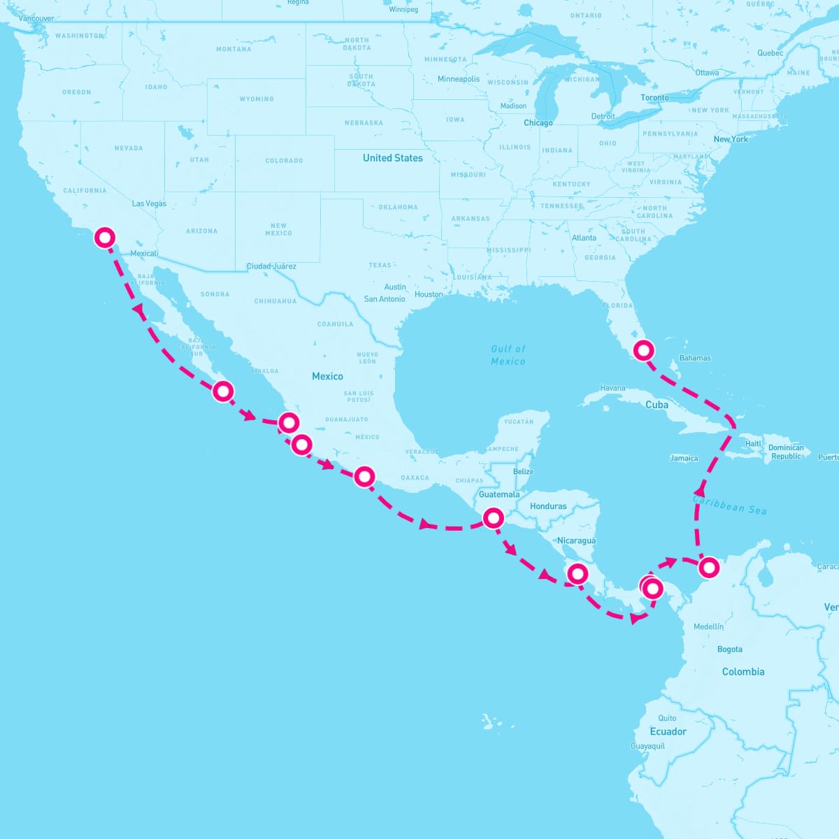 Norwegian Encore itinerary map for October 23, 2025 (16 nights)