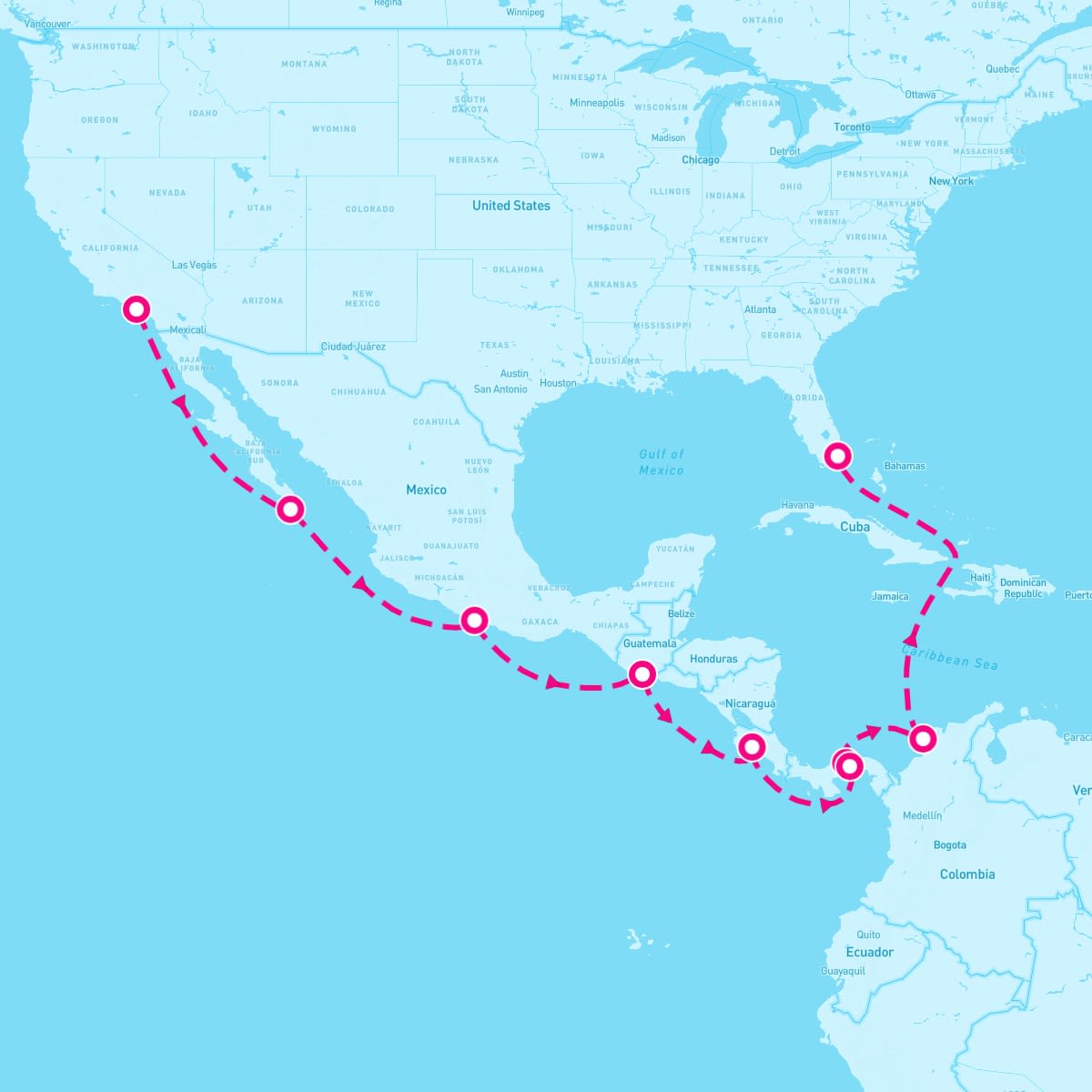 Norwegian Encore itinerary map for January 16, 2026 (15 nights)