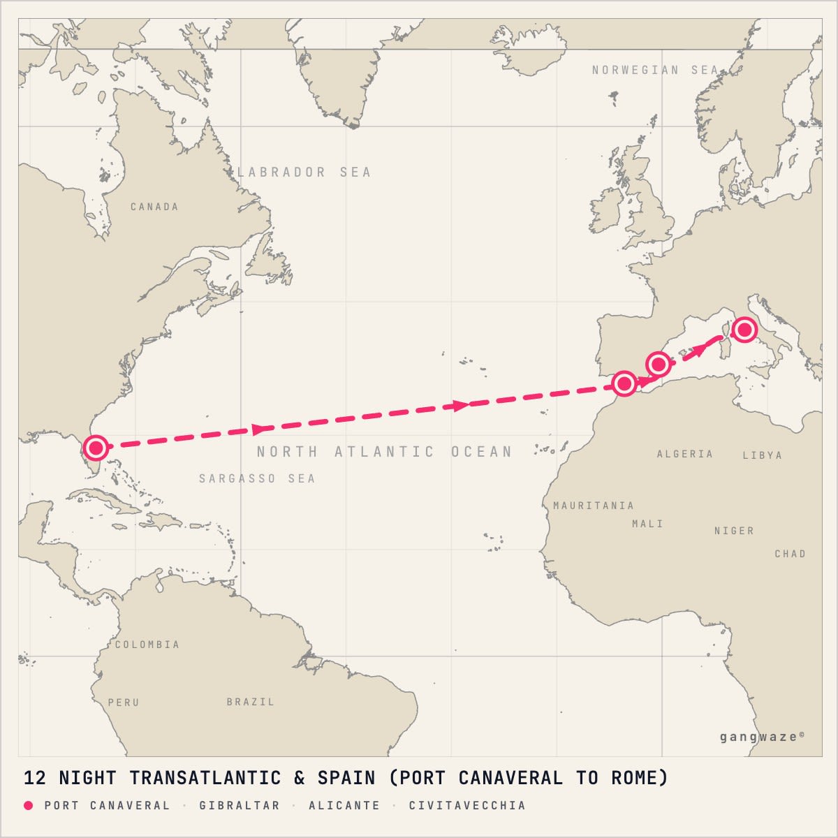 Norwegian Epic March 31, 2028 itinerary map: from Port Canaveral to Civitavecchia, calling at Gibraltar, Alicante