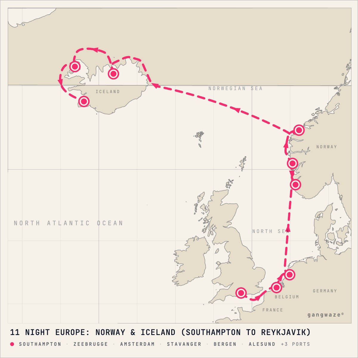 Norwegian Getaway itinerary map for May 14, 2028 (11 nights)