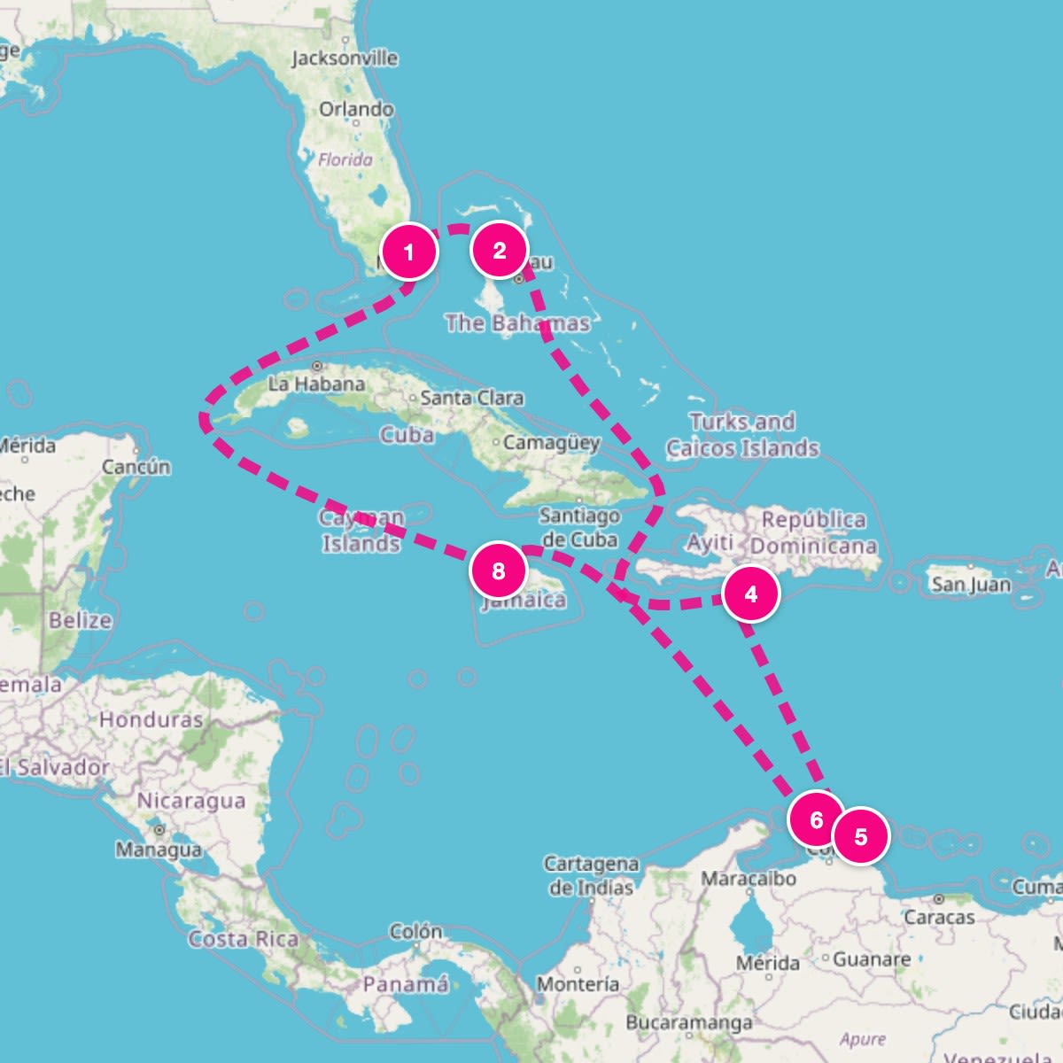Norwegian Jewel itinerary map for February 29, 2028 (9 nights)