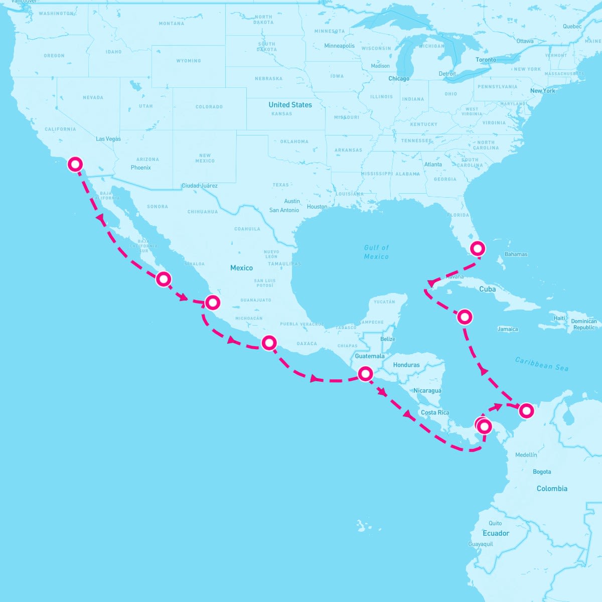 Norwegian Joy itinerary map for February 11, 2025 (16 nights)