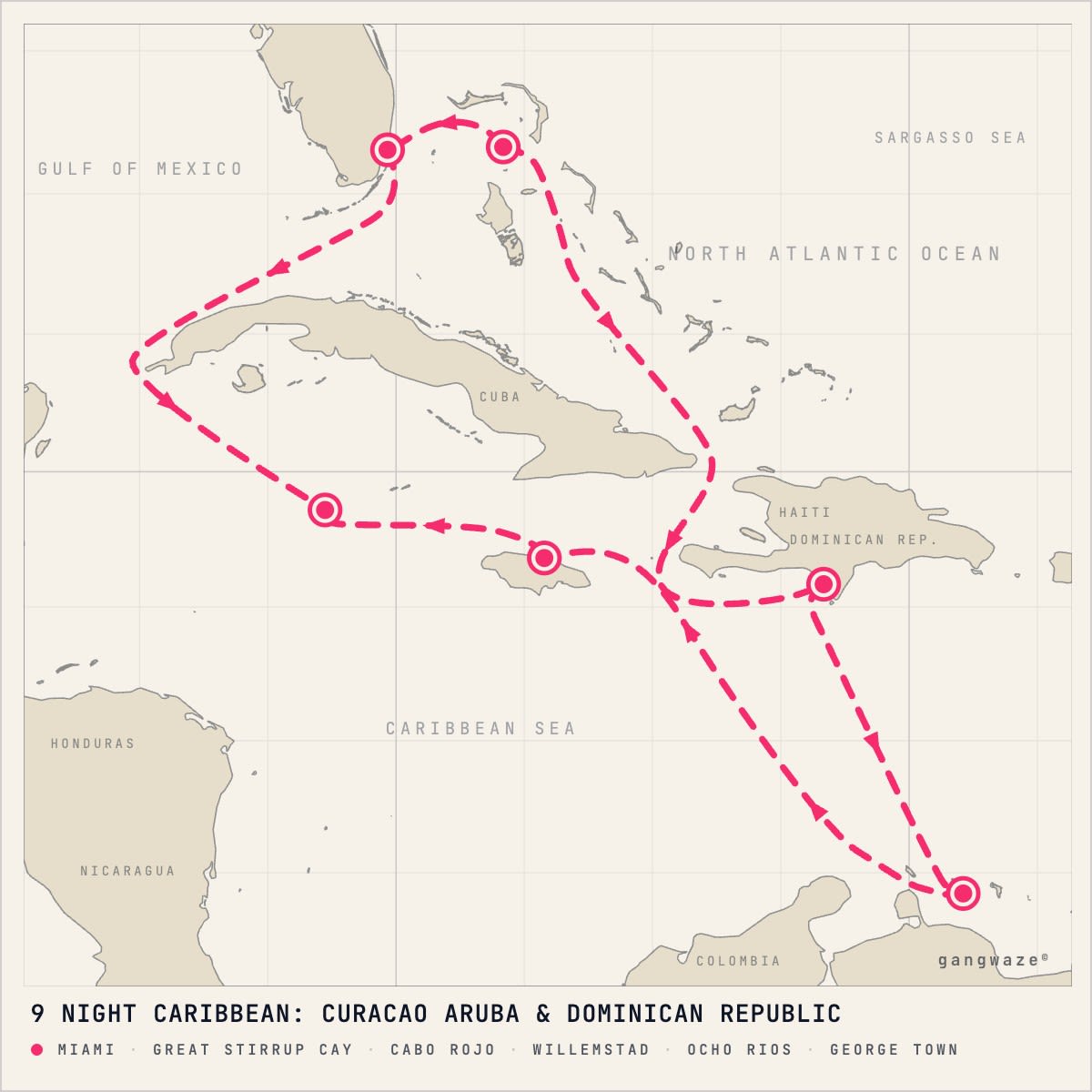 Norwegian Joy itinerary map for December 21, 2027 (9 nights)