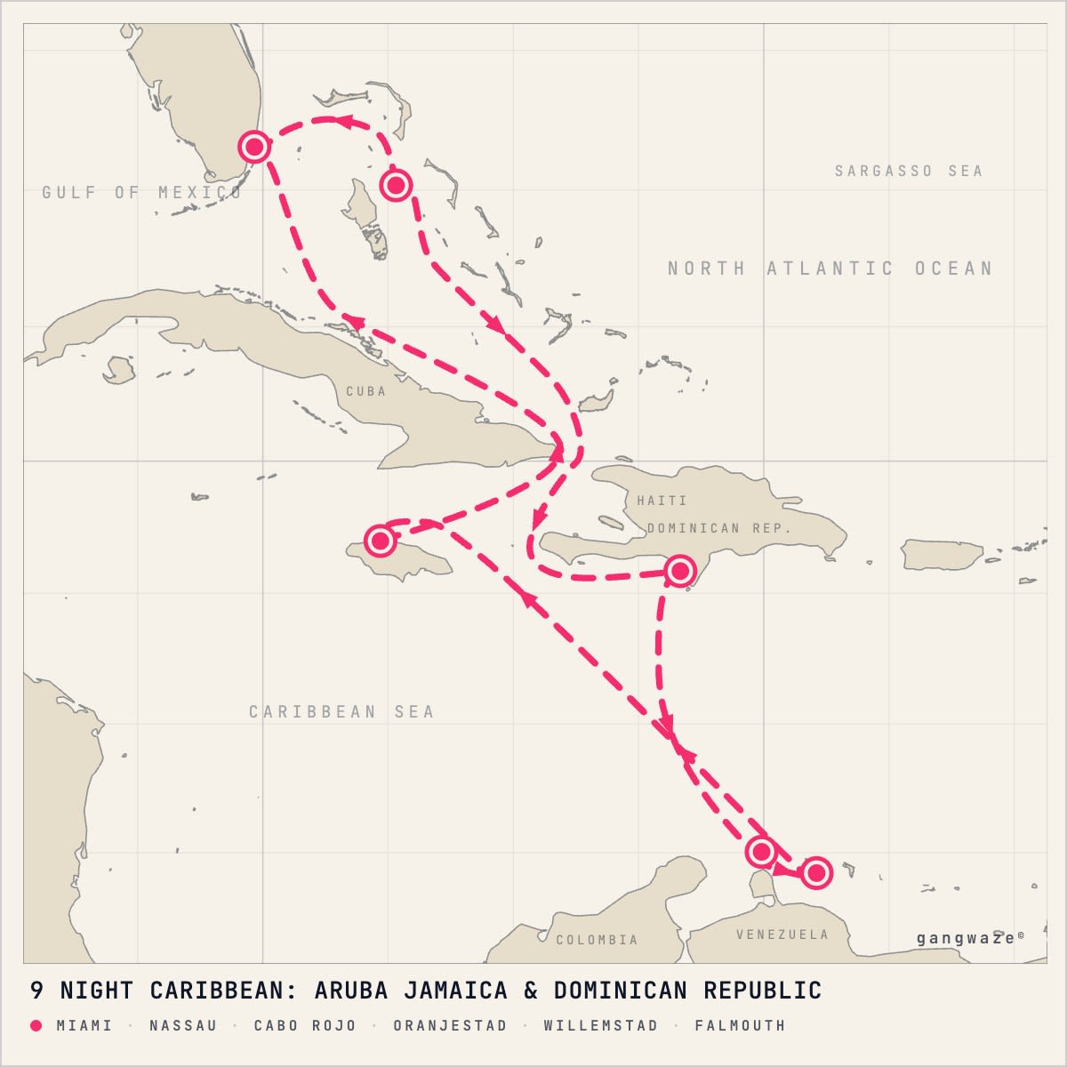 Norwegian Joy itinerary map for January 31, 2028 (9 nights)