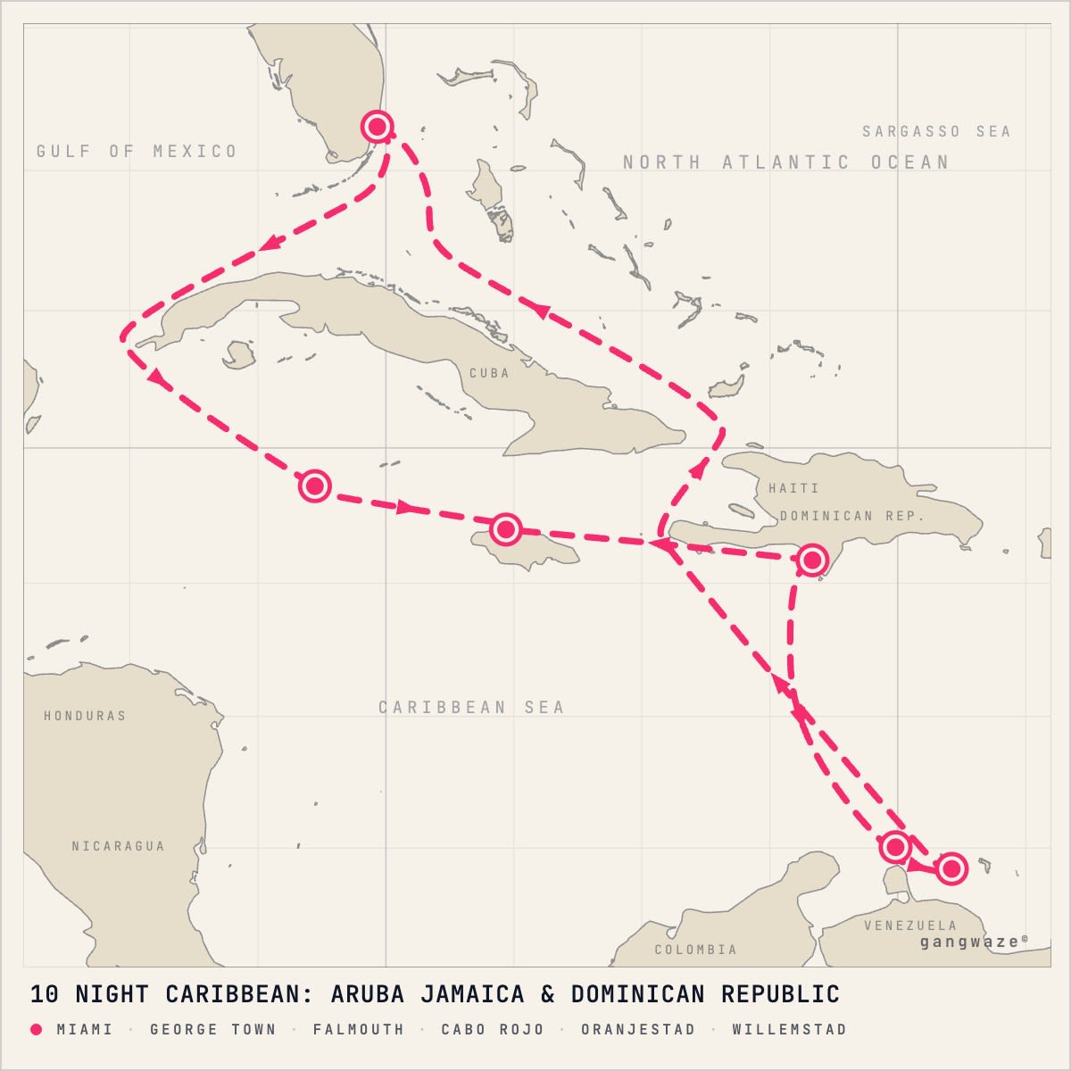Norwegian Joy itinerary map for February 18, 2028 (10 nights)