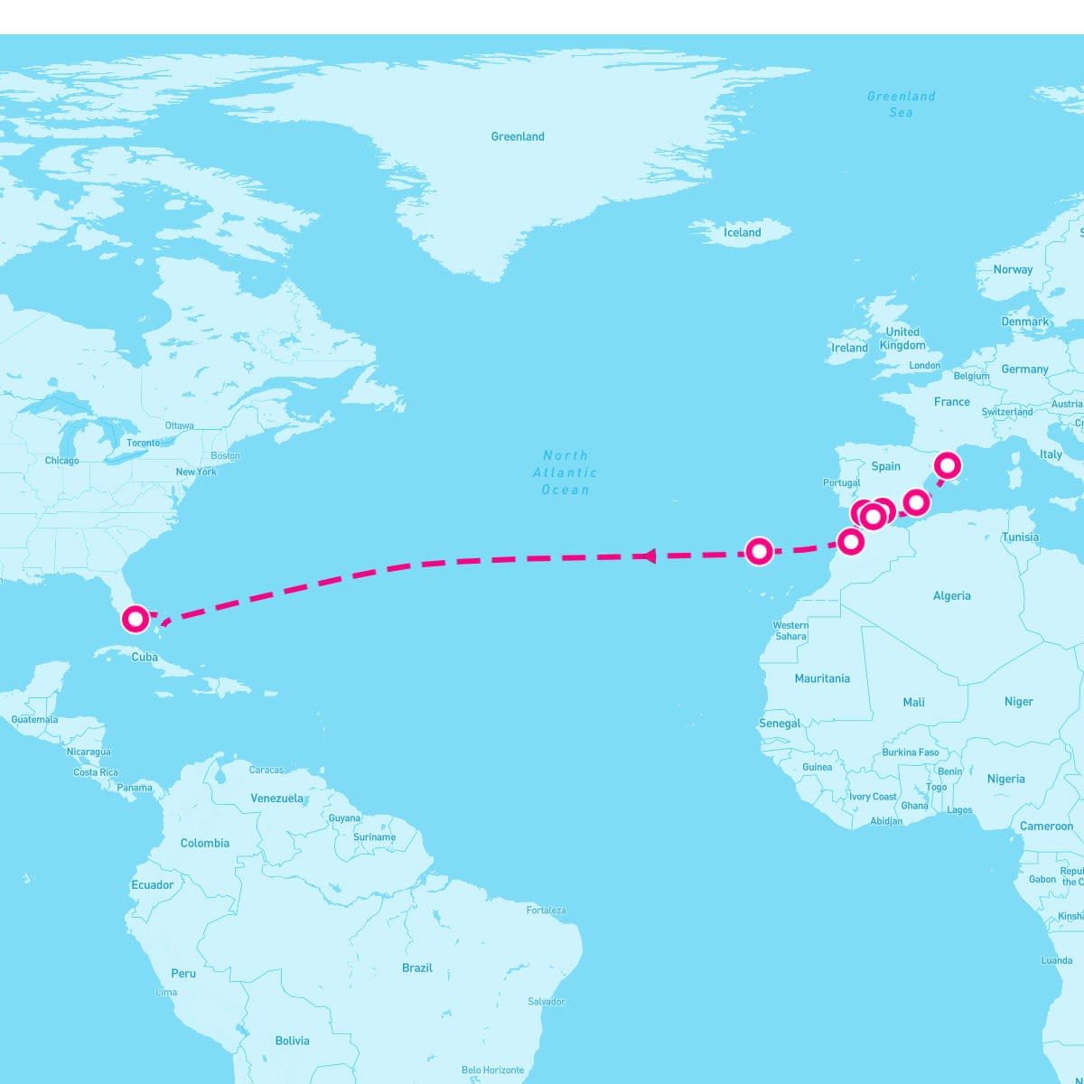 Norwegian Pearl itinerary map for November 23, 2025 (15 nights)