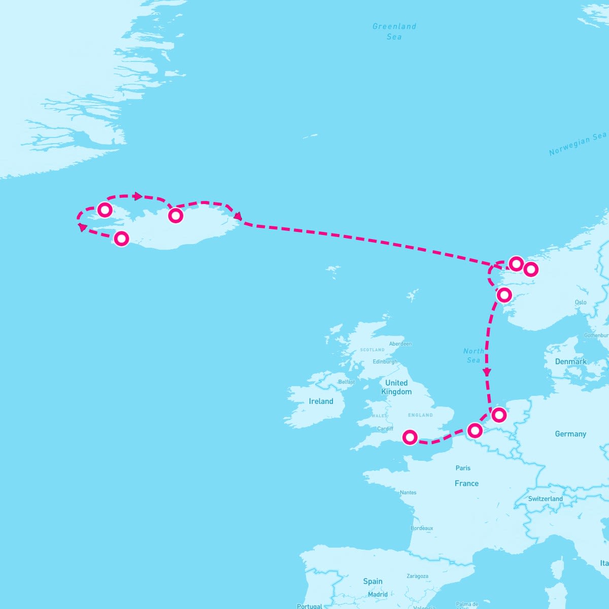 Norwegian Prima itinerary map for July 4, 2024 (10 nights)