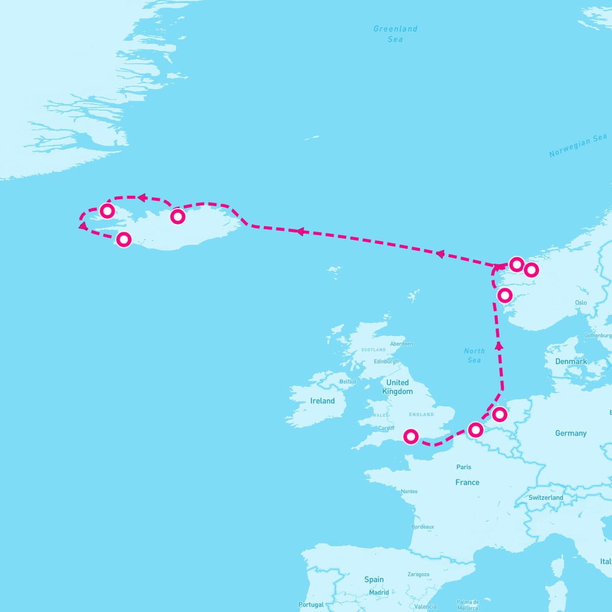 Norwegian Prima itinerary map for July 14, 2024 (11 nights)