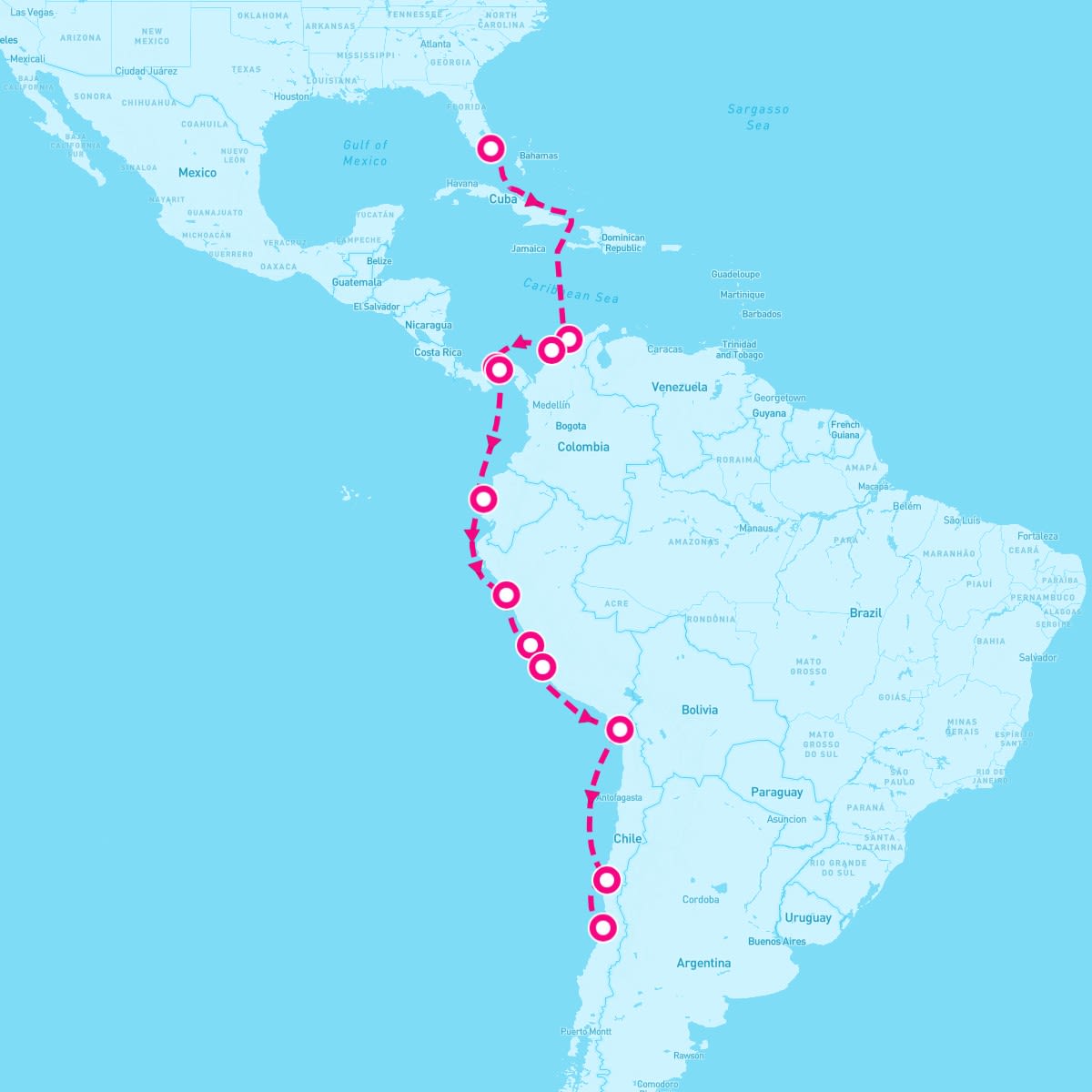Norwegian Sun itinerary map for January 5, 2024 (17 nights)