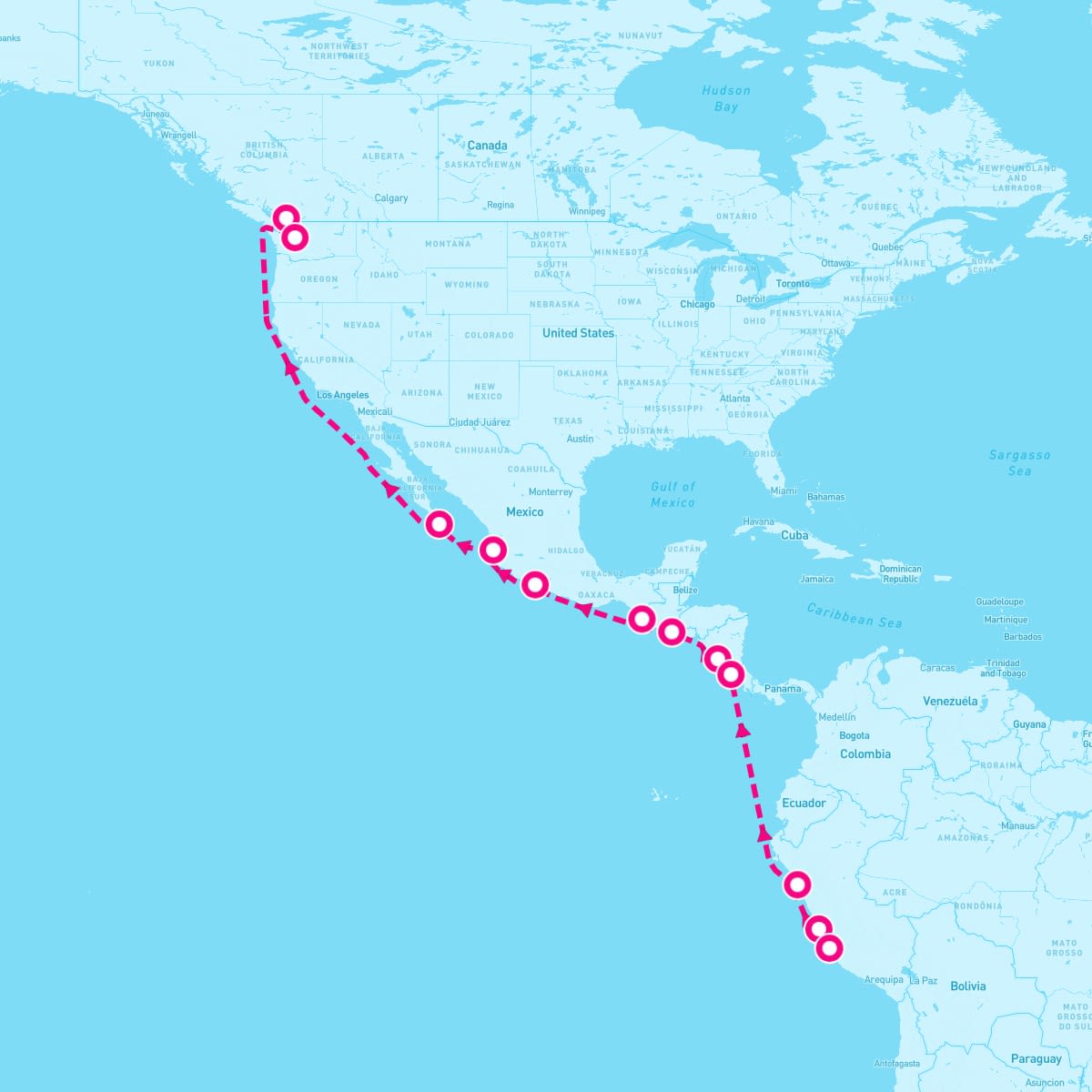 Norwegian Sun itinerary map for March 2, 2024 (18 nights)