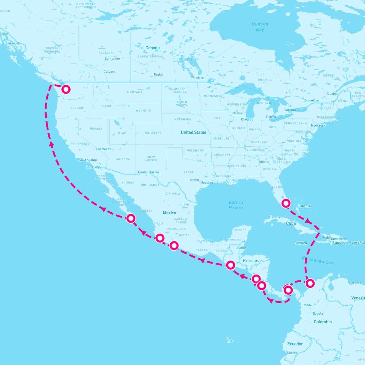 Norwegian Sun itinerary map for April 1, 2024 (18 nights)