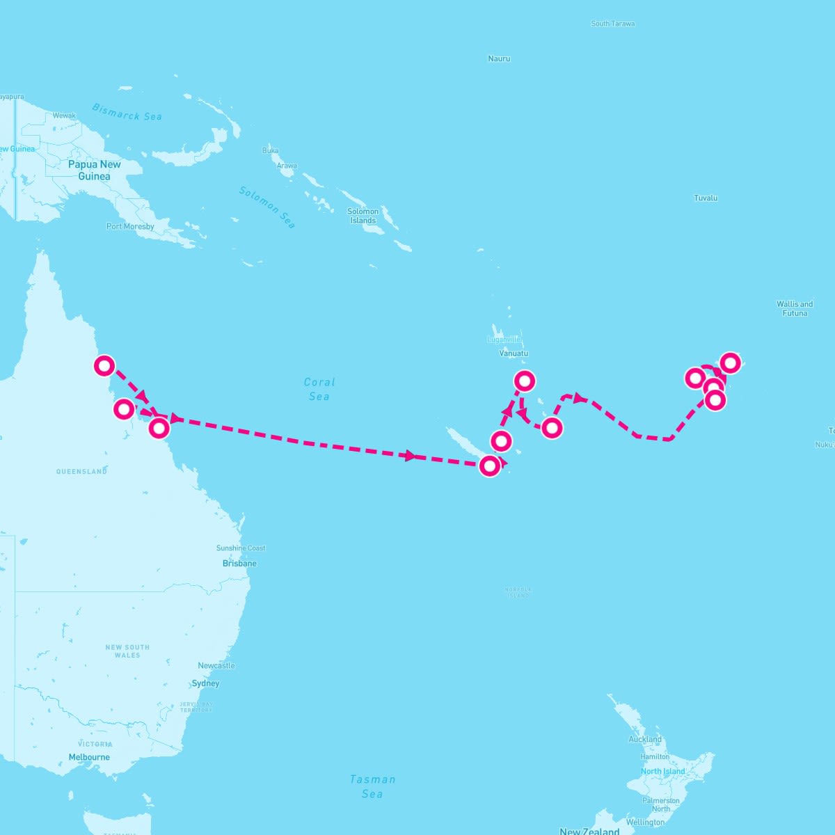 Norwegian Sun itinerary map for April 24, 2025 (14 nights)