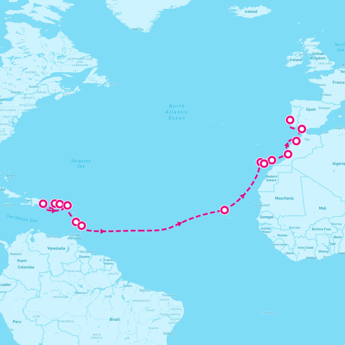 Norwegian Viva itinerary map for April 7, 2024 (19 nights)