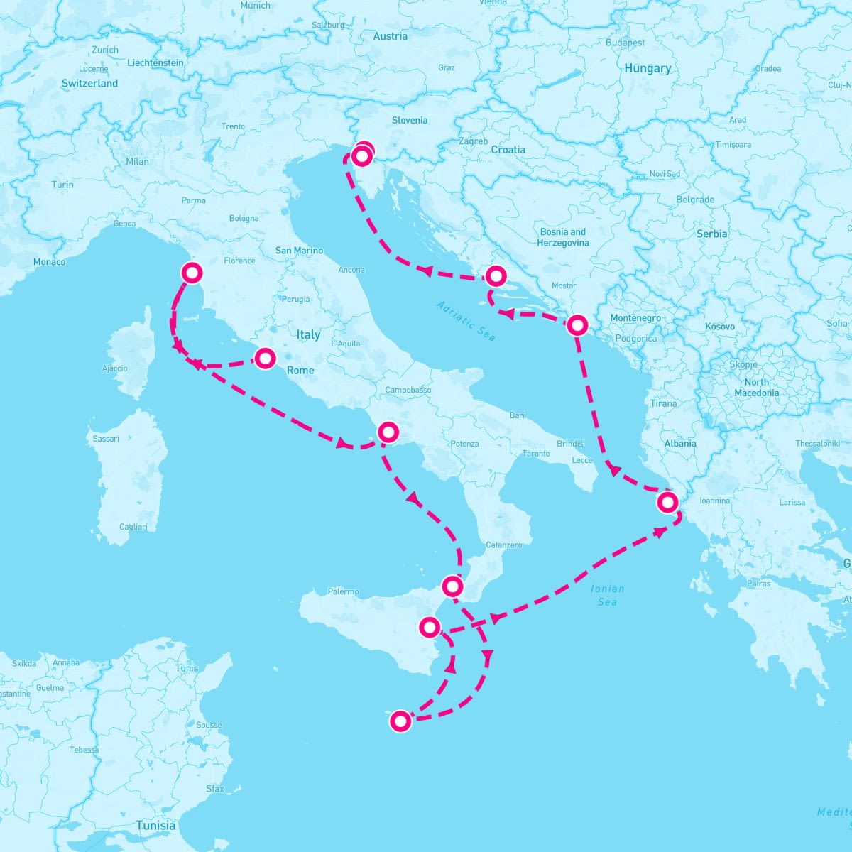 Norwegian Viva itinerary map for August 12, 2024 (10 nights)