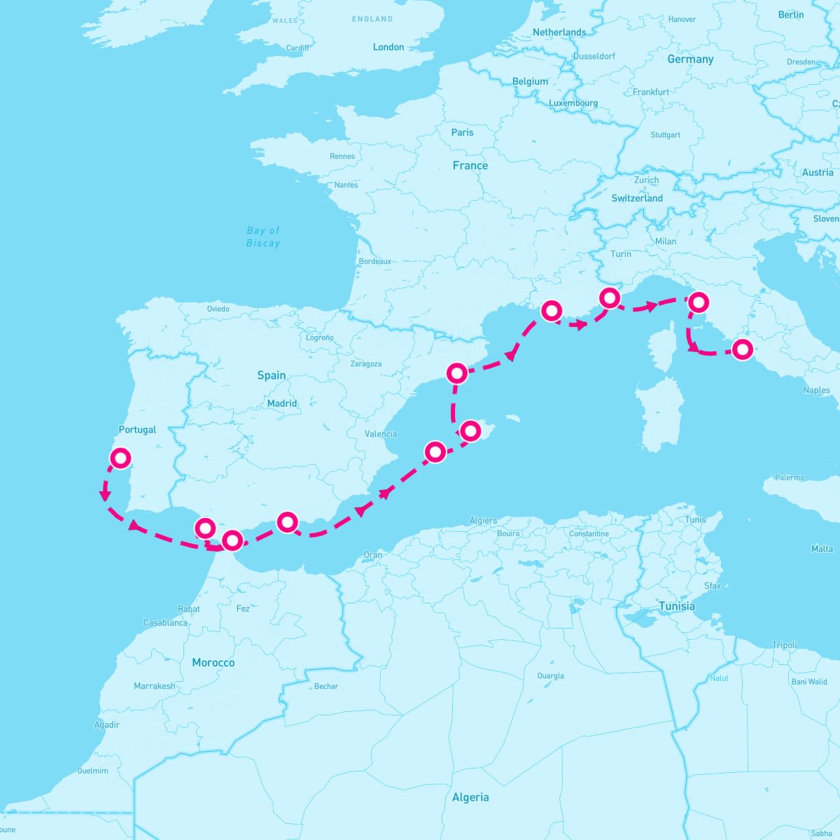 Norwegian Viva itinerary map for September 20, 2024 (10 nights)