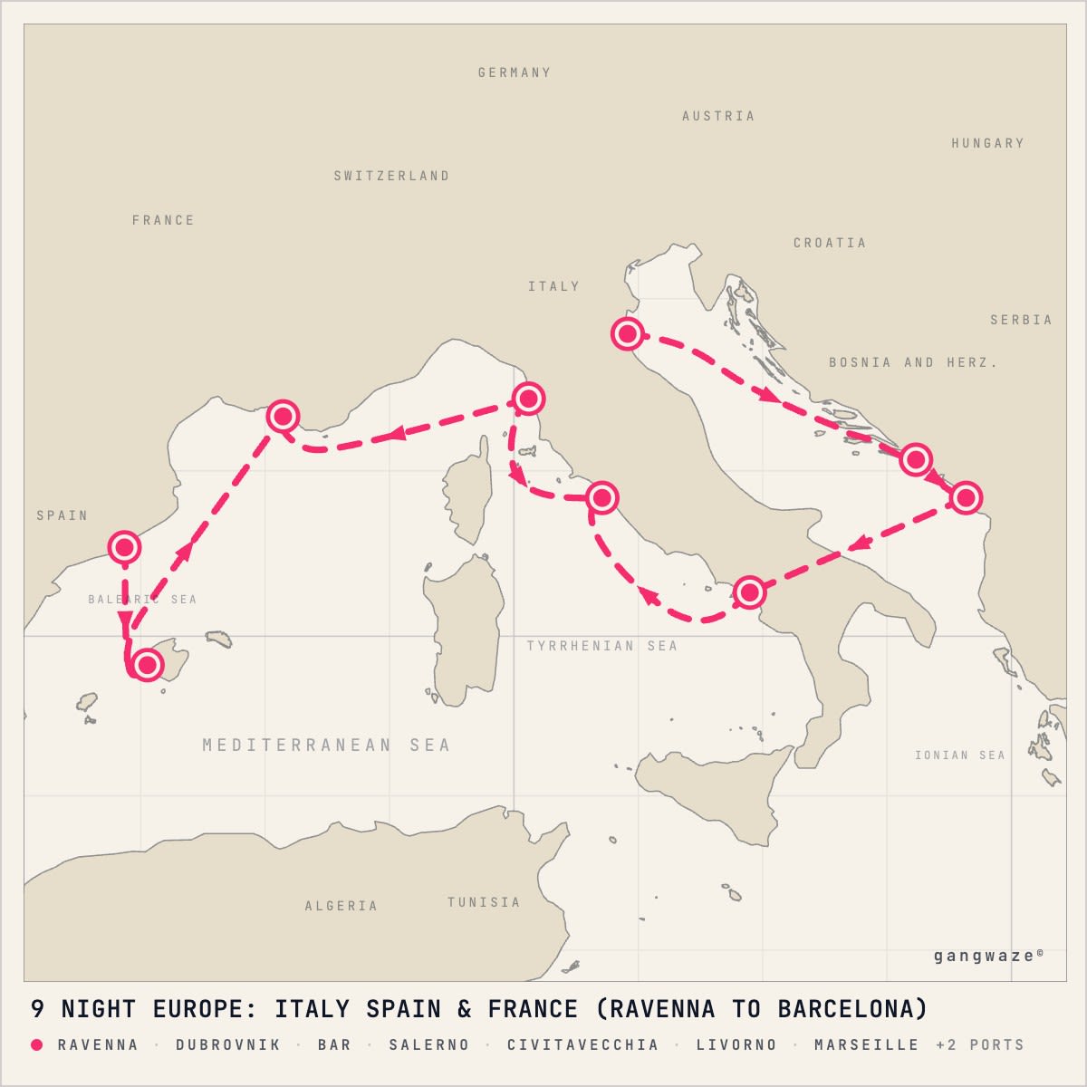 Norwegian Viva itinerary map for July 10, 2028 (9 nights)