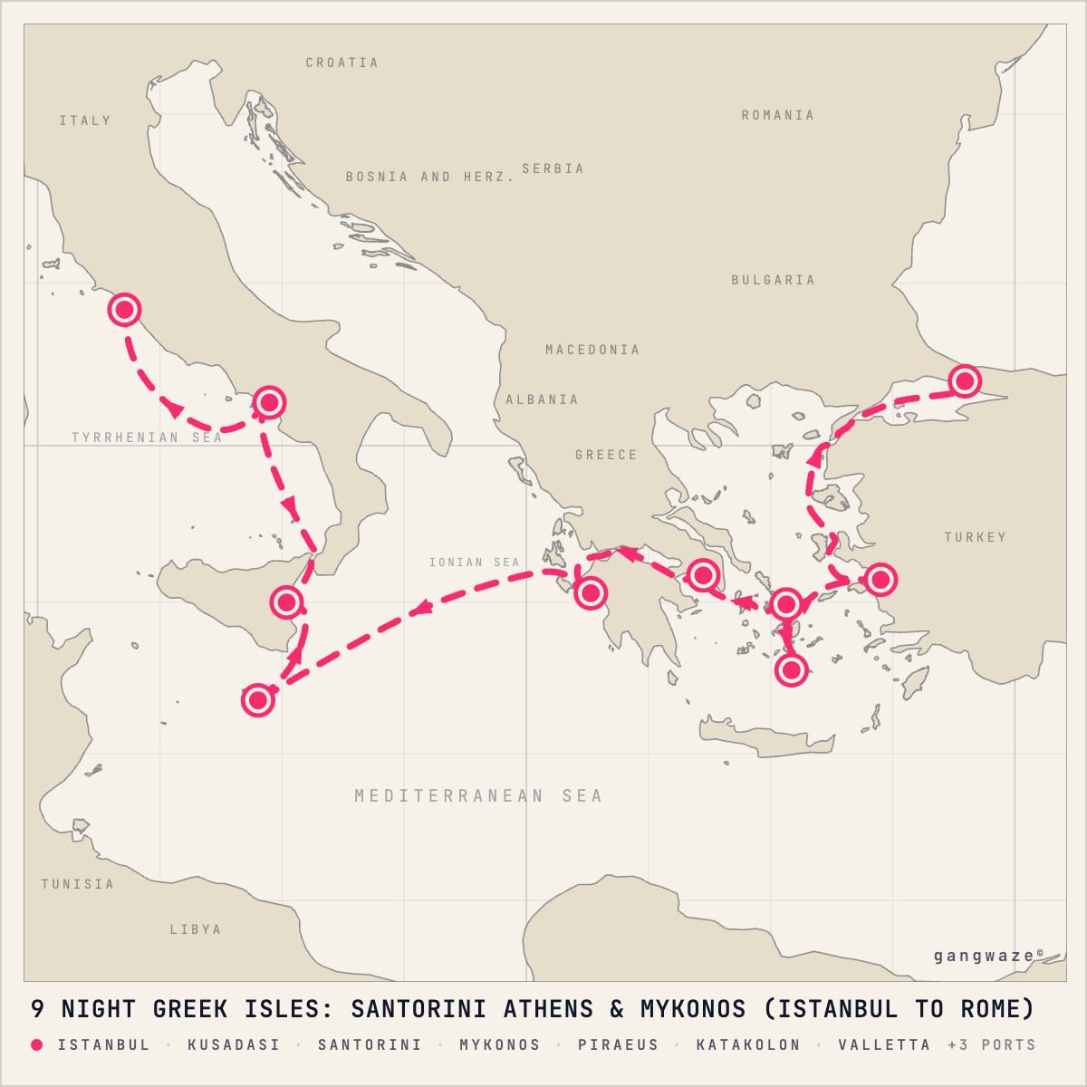 Norwegian Viva itinerary map for August 7, 2028 (9 nights)