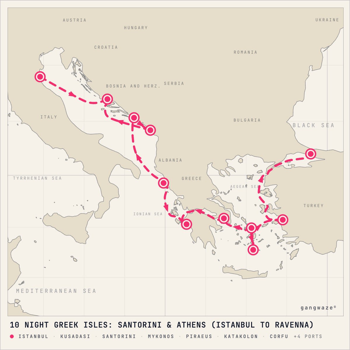 Norwegian Viva itinerary map for August 25, 2028 (10 nights)