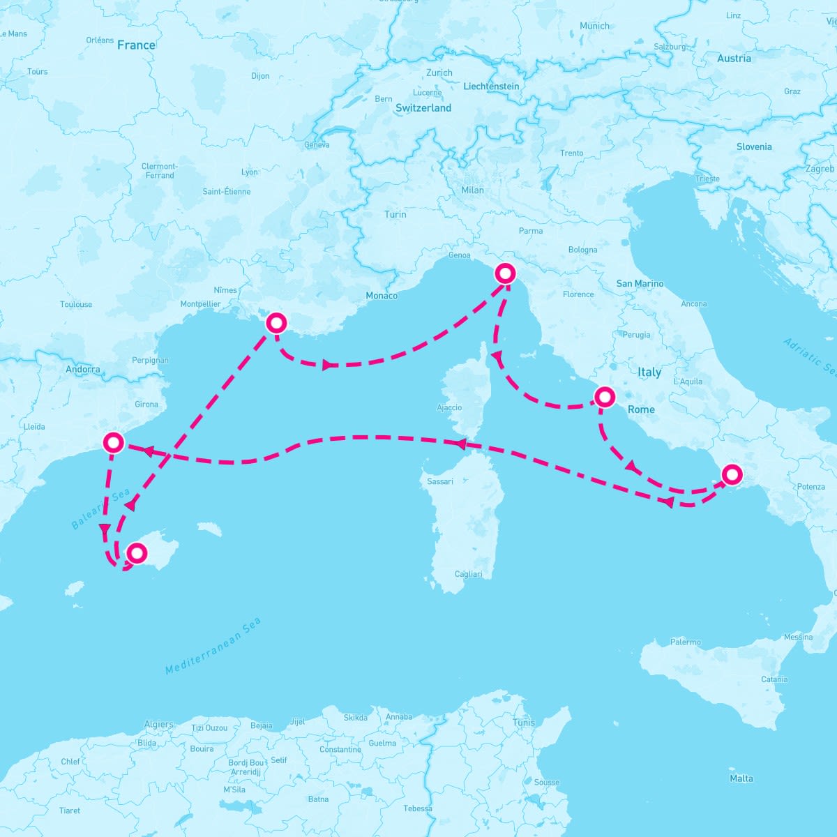 Oasis of the Seas itinerary map for August 8, 2024 (7 nights)