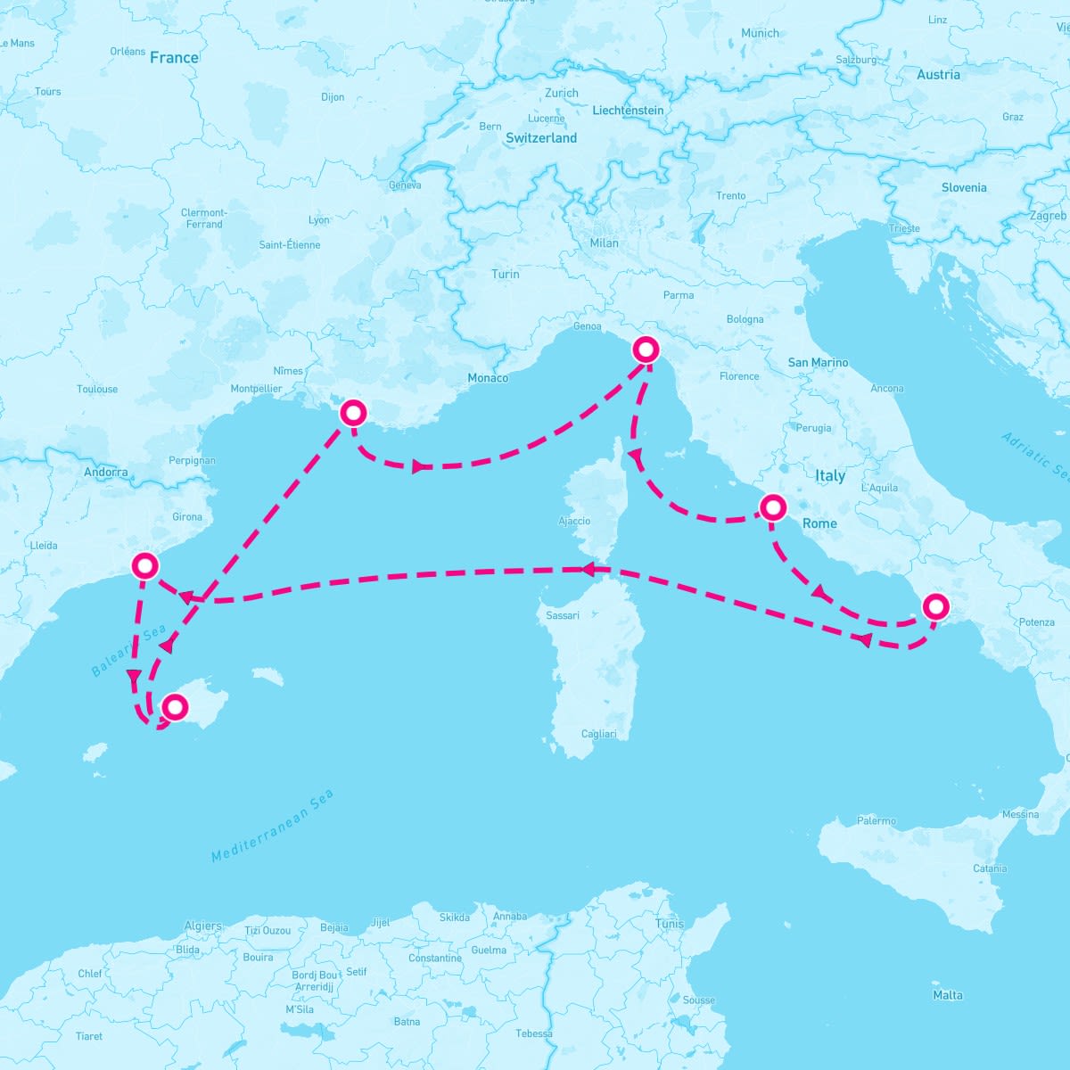 Oasis of the Seas itinerary map for August 11, 2024 (7 nights)