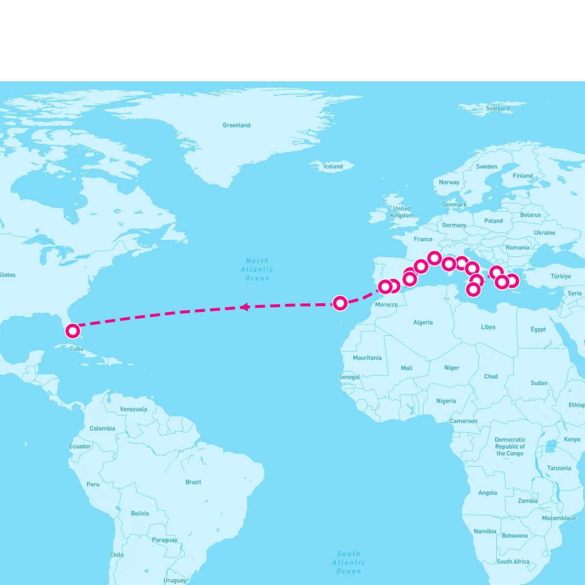 MS Oosterdam itinerary map for October 20, 2024 (25 nights)