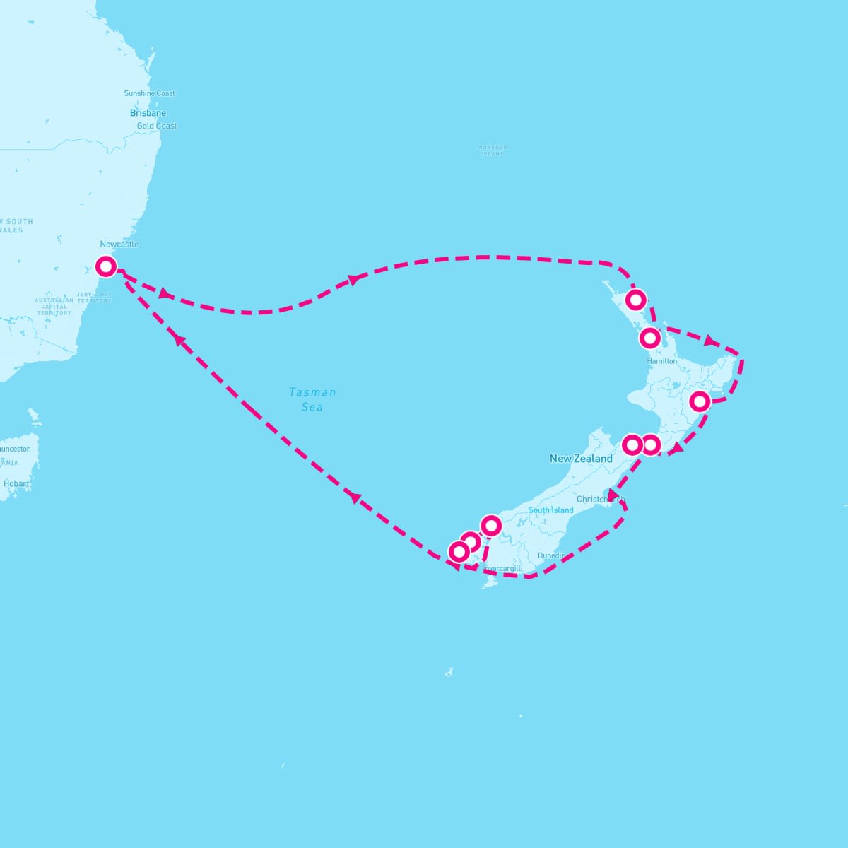Ovation of the Seas itinerary map for February 9, 2024 (12 nights)