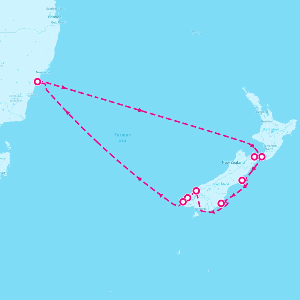Ovation of the Seas itinerary map for February 21, 2024 (10 nights)