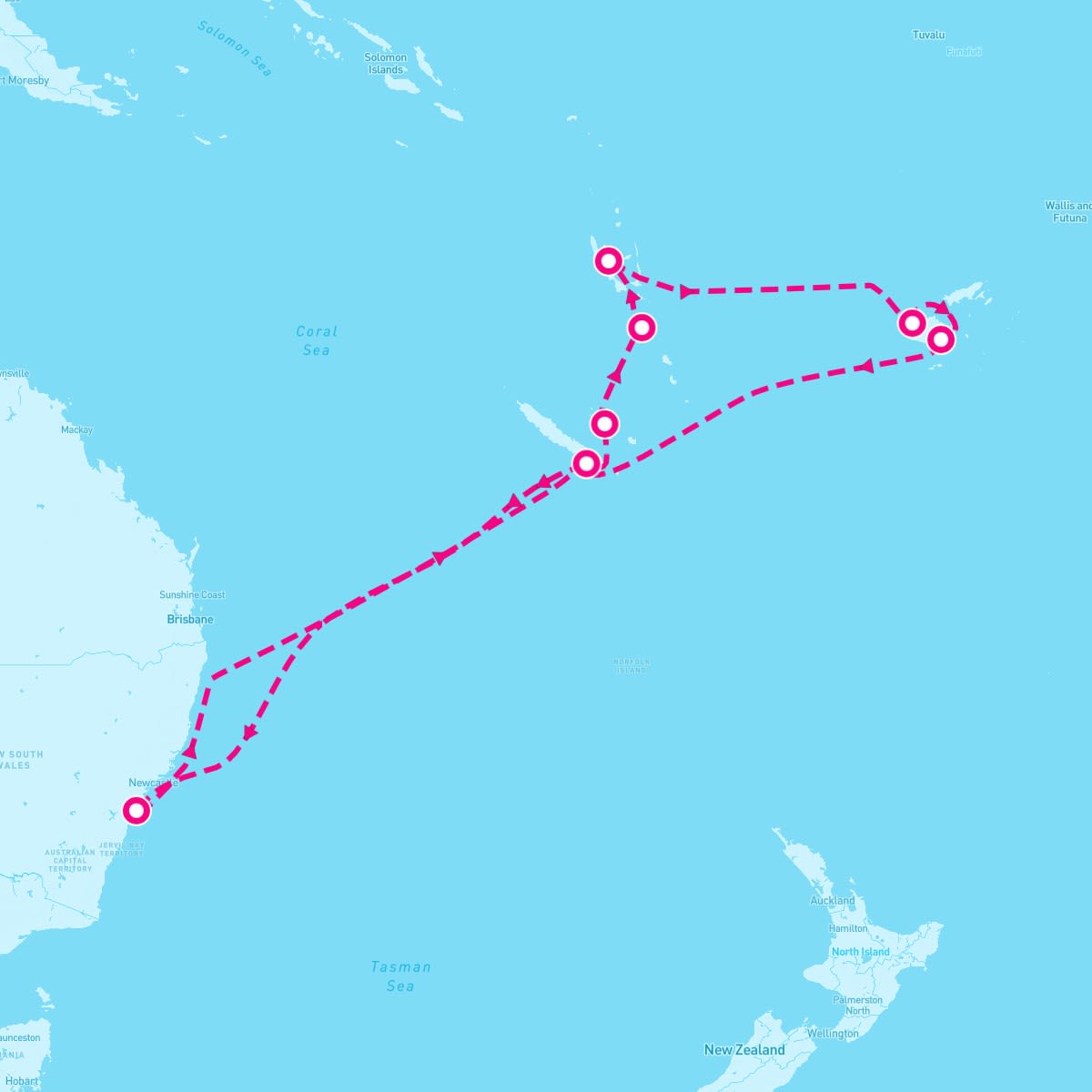 Queen Elizabeth itinerary map for February 20, 2024 (14 nights)
