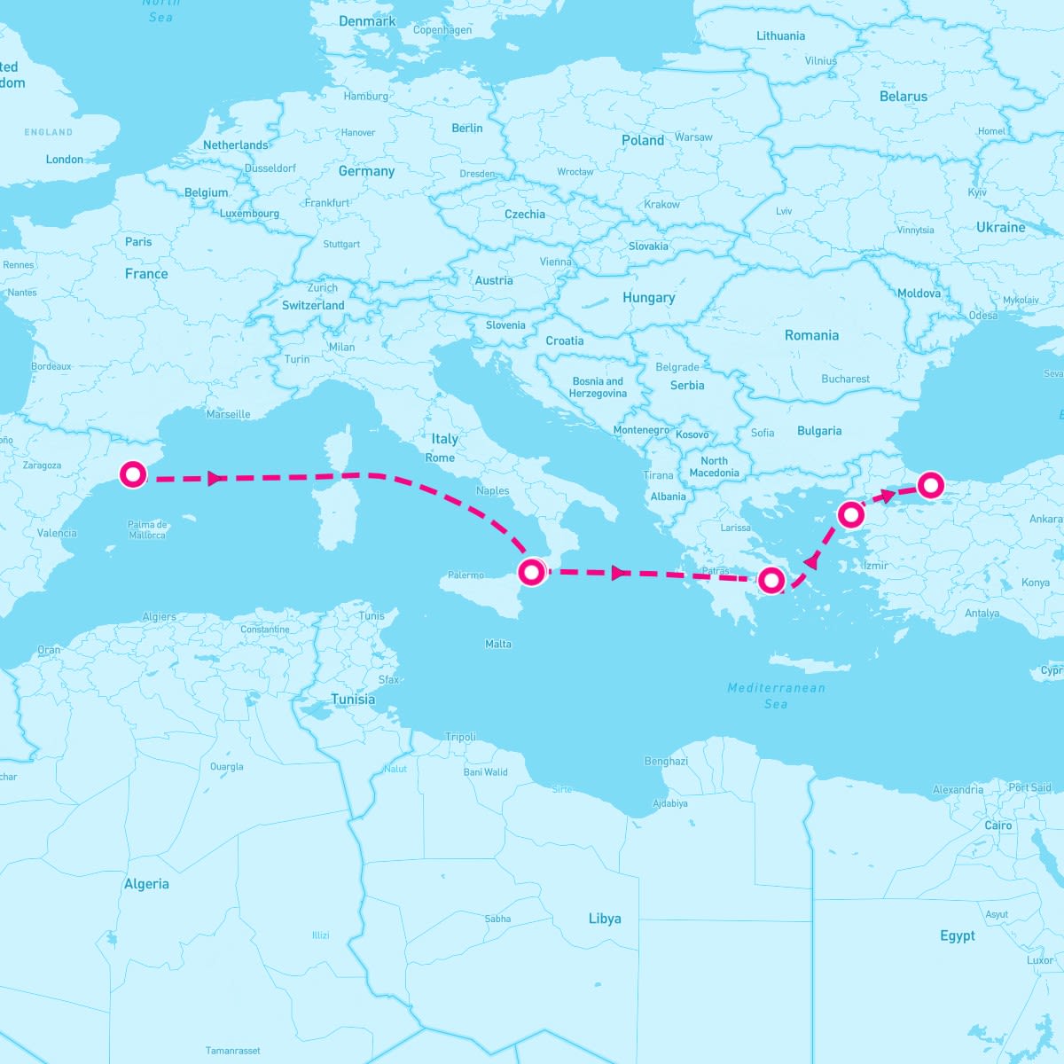 Queen Elizabeth itinerary map for October 1, 2027
