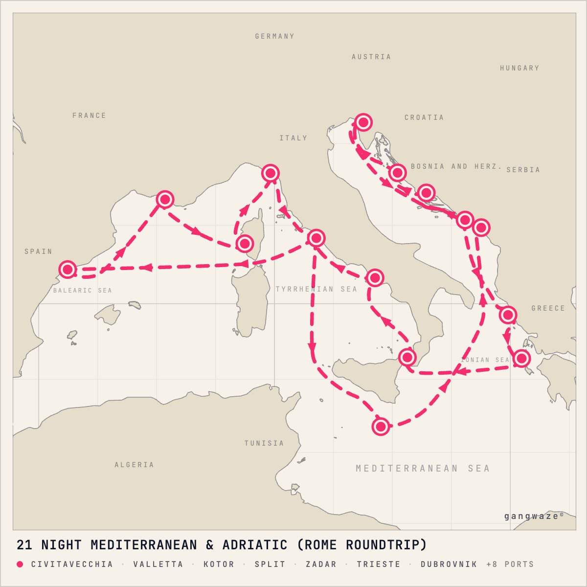 Queen Elizabeth itinerary map for June 30, 2028 (21 nights)