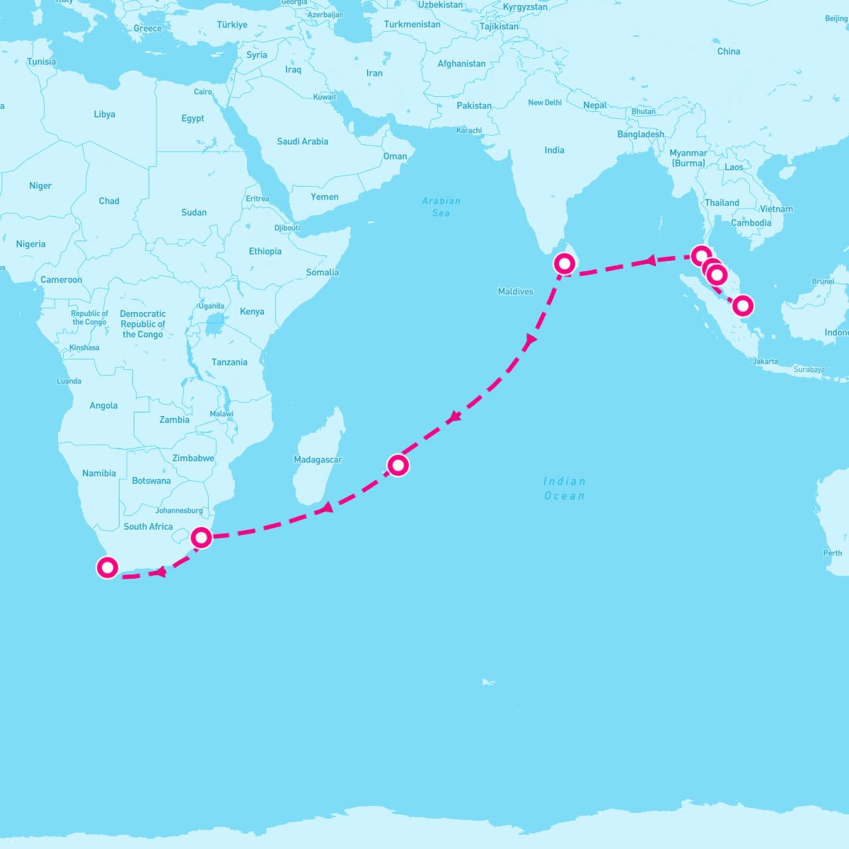 Queen Mary 2 itinerary map for March 23, 2024 (21 nights)