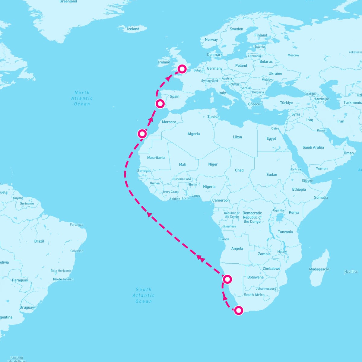Queen Mary 2 itinerary map for April 13, 2024 (15 nights)