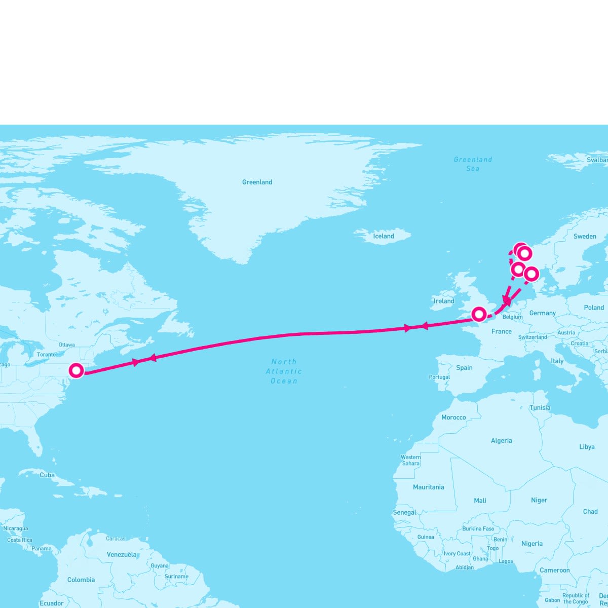 Queen Mary 2 itinerary map for July 6, 2024 (22 nights)