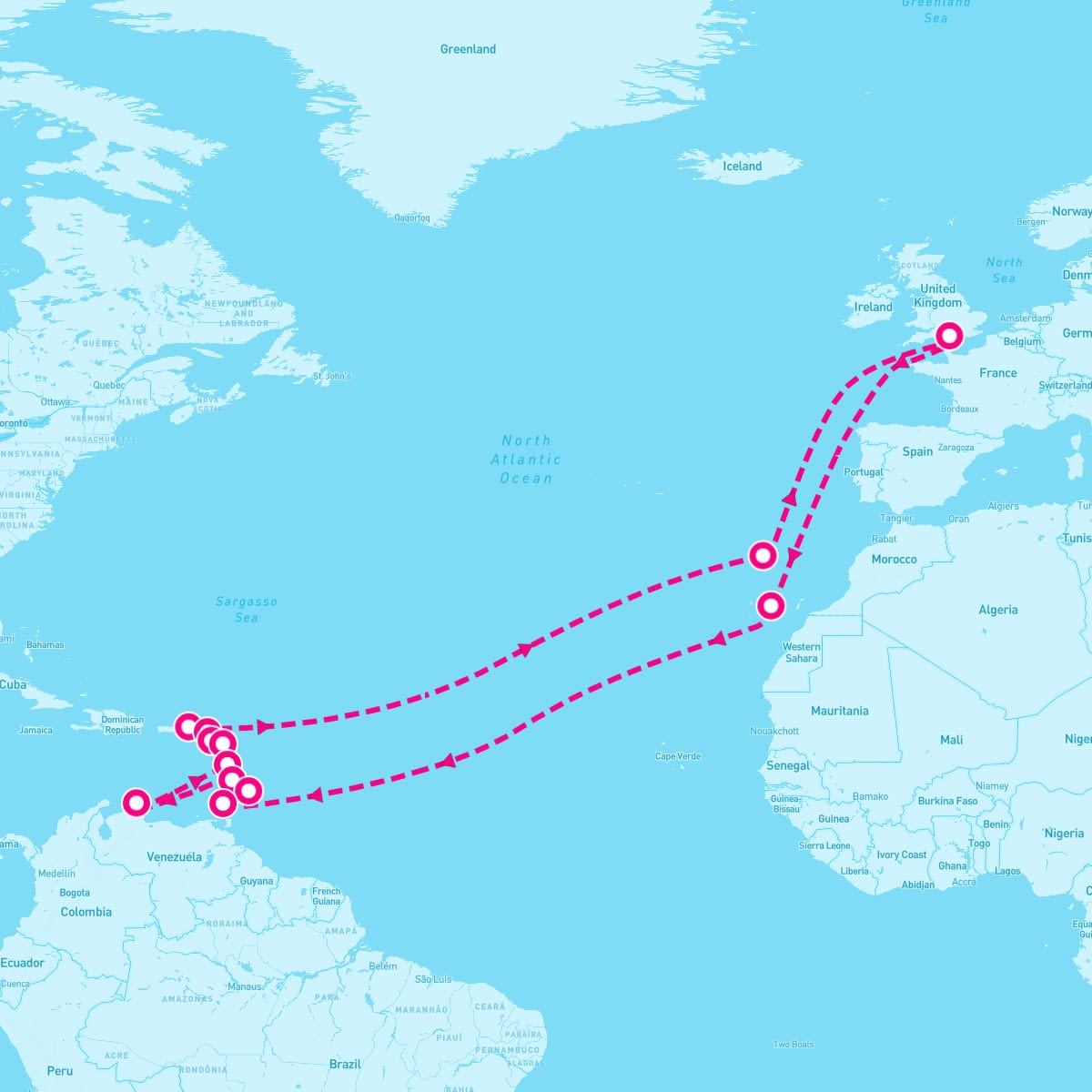 Queen Mary 2 itinerary map for January 11, 2025 (35 nights)