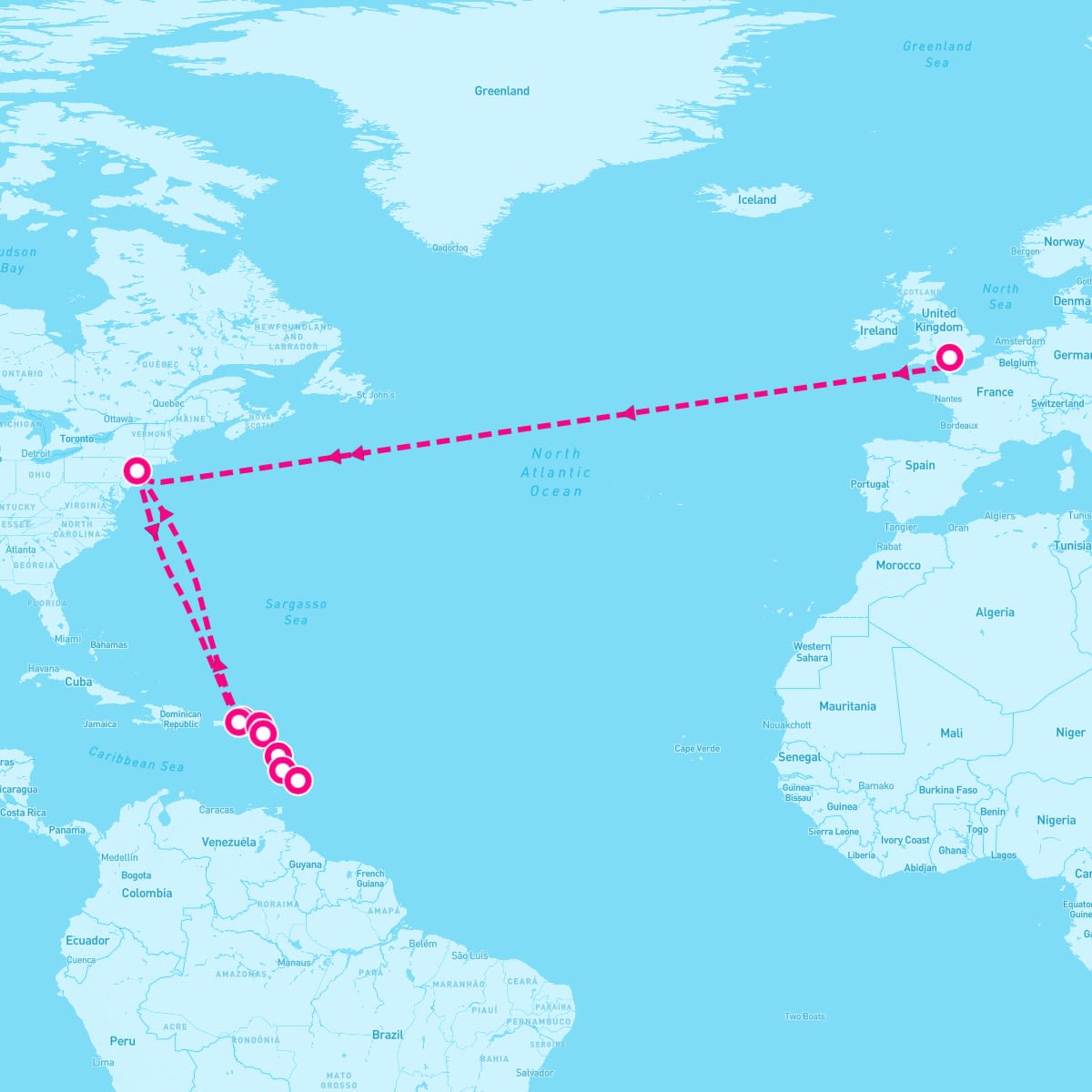 Queen Mary 2 itinerary map for March 8, 2025 (21 nights)