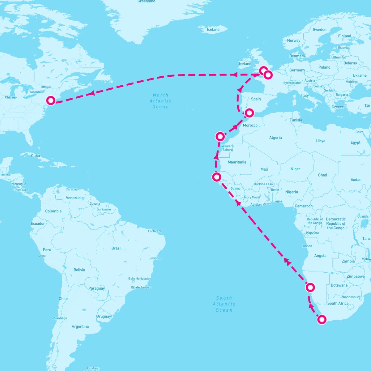 Queen Mary 2 itinerary map for April 10, 2026 (25 nights)