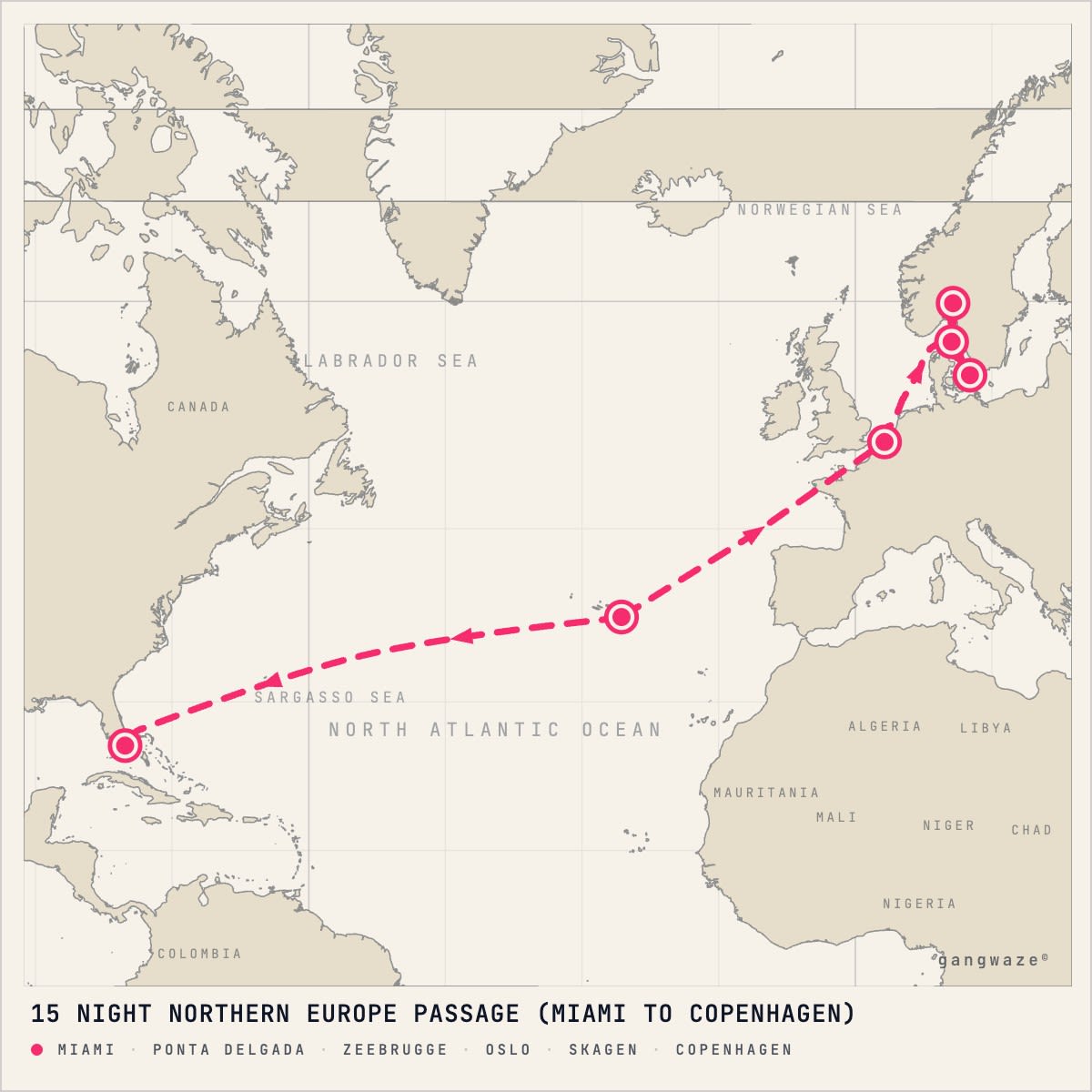 Regal Princess April 16, 2028 itinerary map: from Miami to Copenhagen, calling at Ponta Delgada, Zeebrugge, Oslo, Skagen