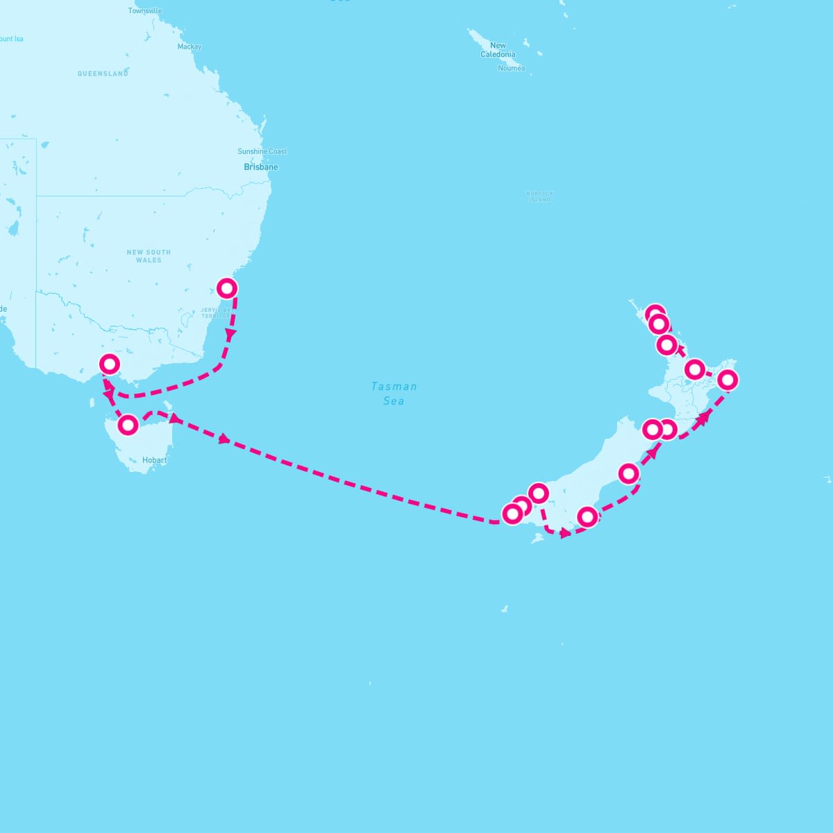 Regatta itinerary map for February 8, 2024 (16 nights)