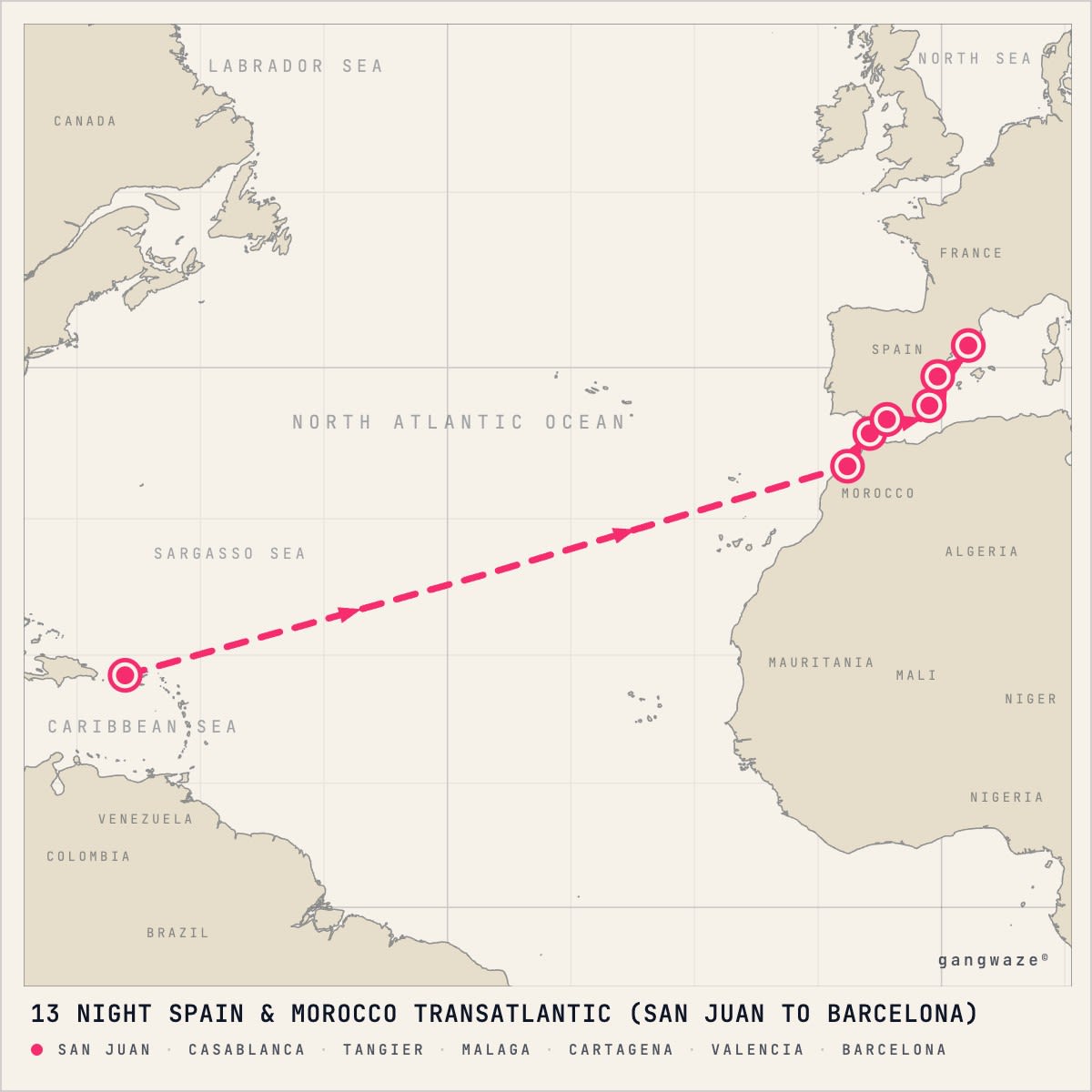 Rhapsody of the Seas April 22, 2028 itinerary map: from San Juan to Barcelona, calling at Casablanca, Tangier, Malaga, Cartagena, Valencia