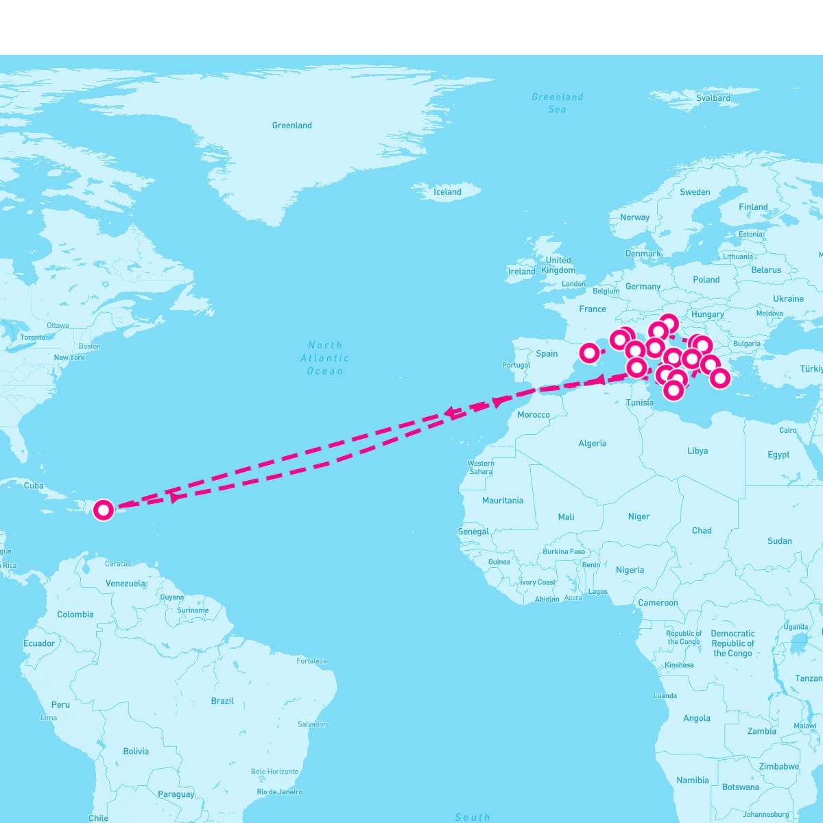 Riviera itinerary map for June 10, 2024 (17 nights)