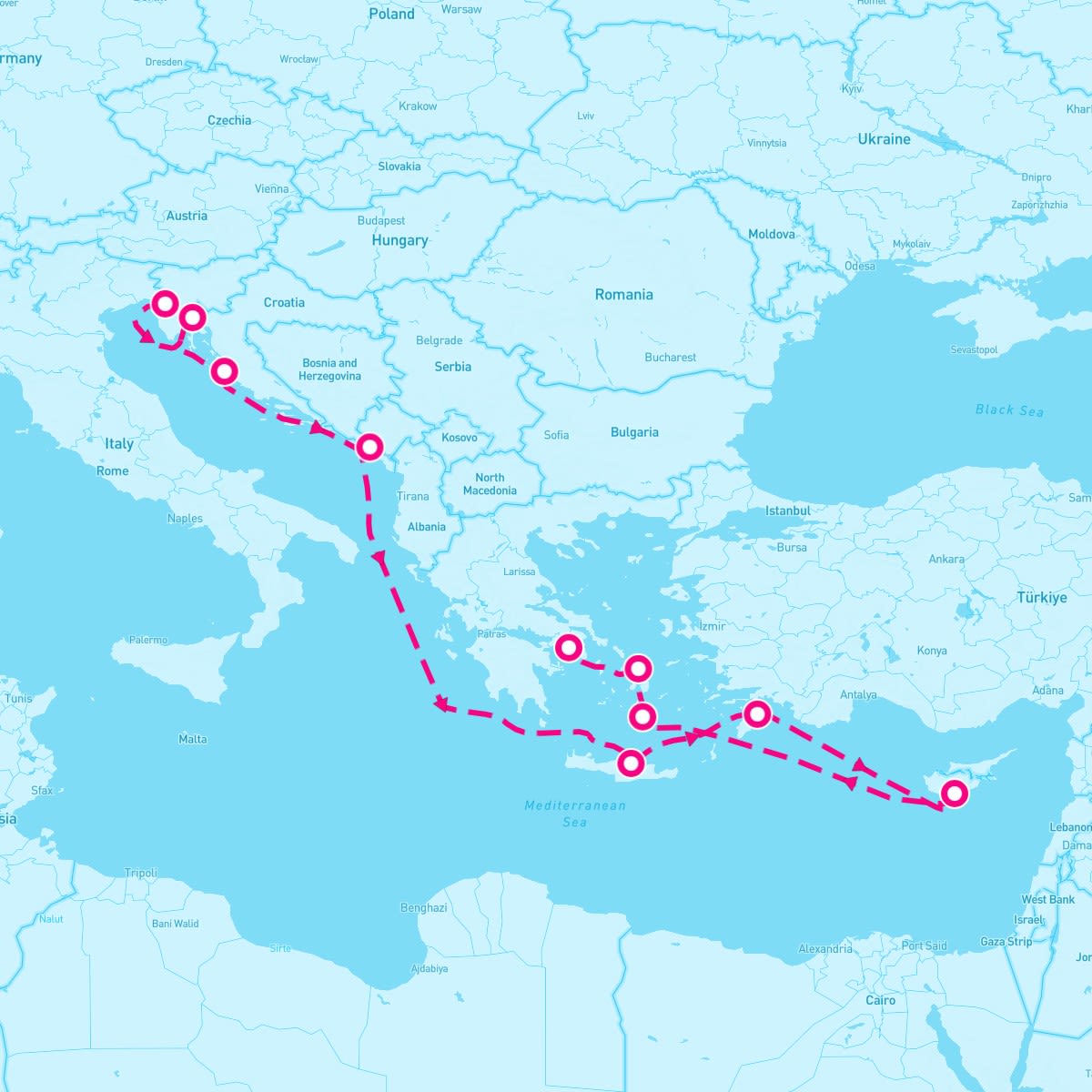 Riviera itinerary map for June 27, 2024 (10 nights)