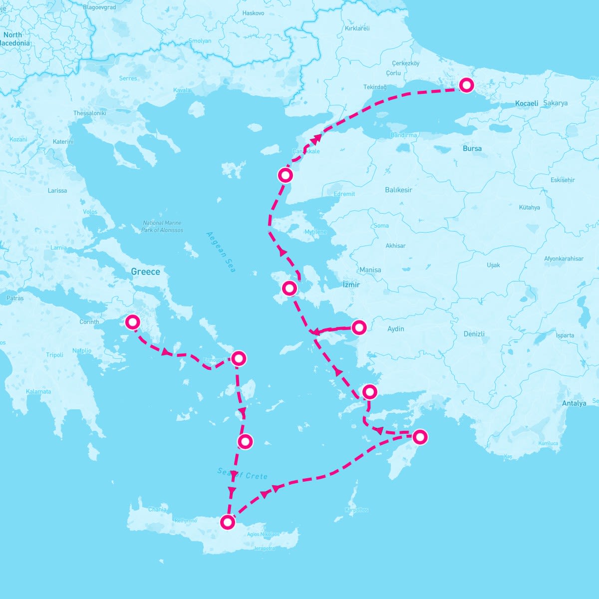 Riviera itinerary map for July 7, 2024 (10 nights)