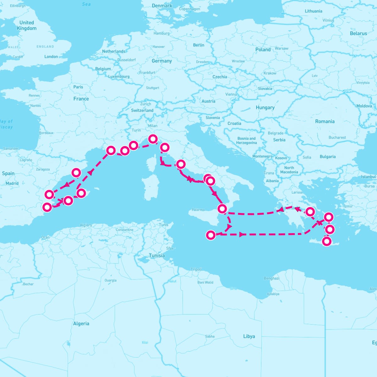 Riviera itinerary map for August 3, 2024 (22 nights)