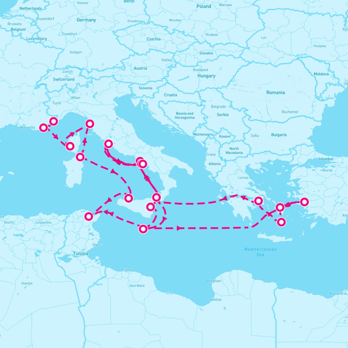 Riviera itinerary map for August 13, 2024 (22 nights)