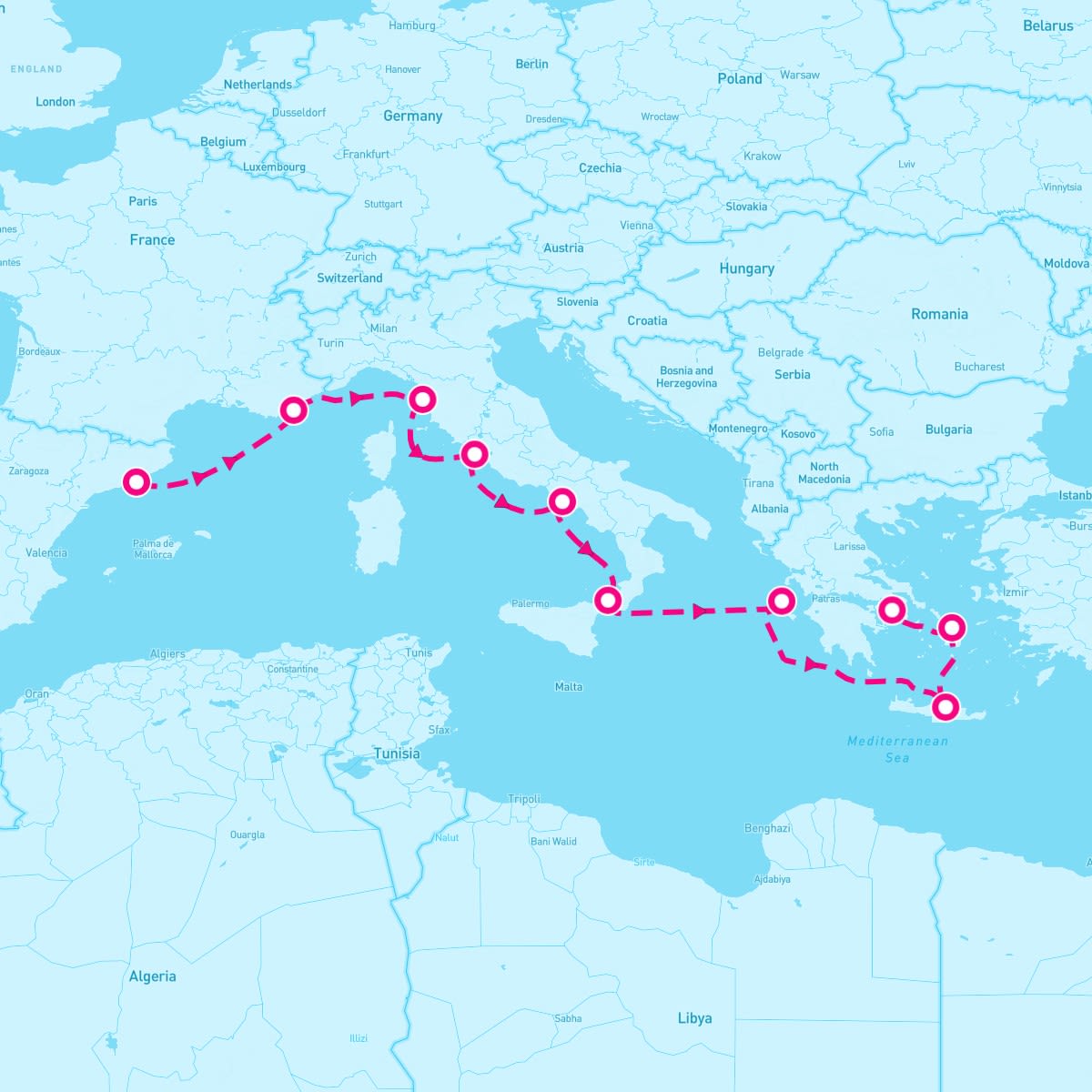 Riviera itinerary map for September 11, 2024 (10 nights)
