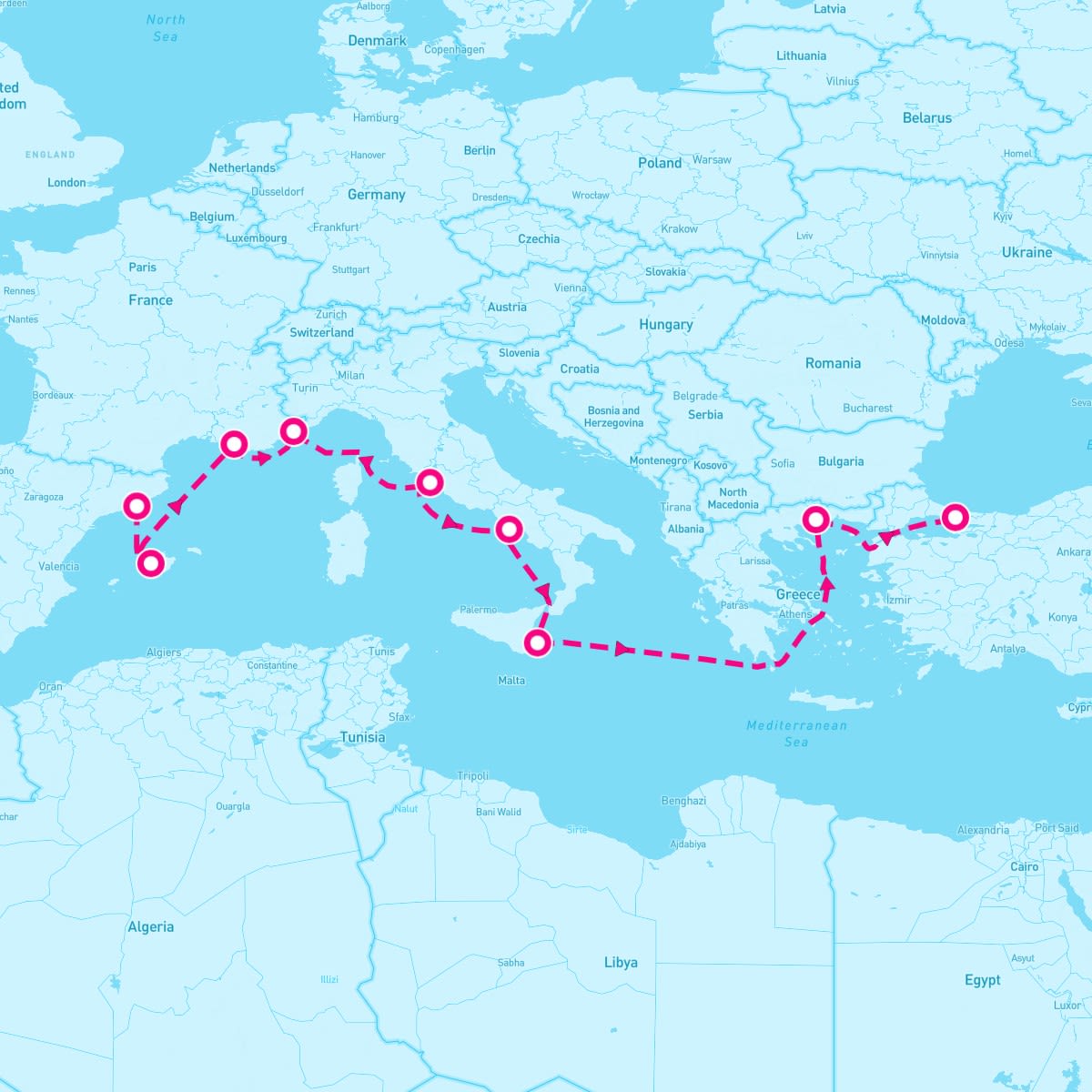 Riviera itinerary map for November 14, 2024 (10 nights)