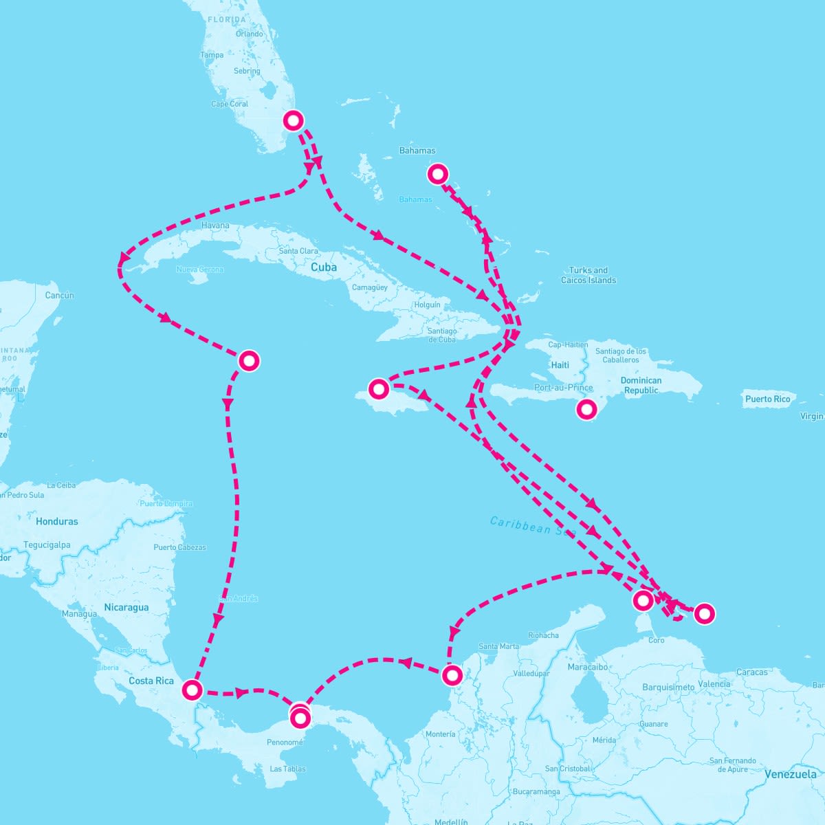 MS Rotterdam itinerary map for December 20, 2024 (21 nights)