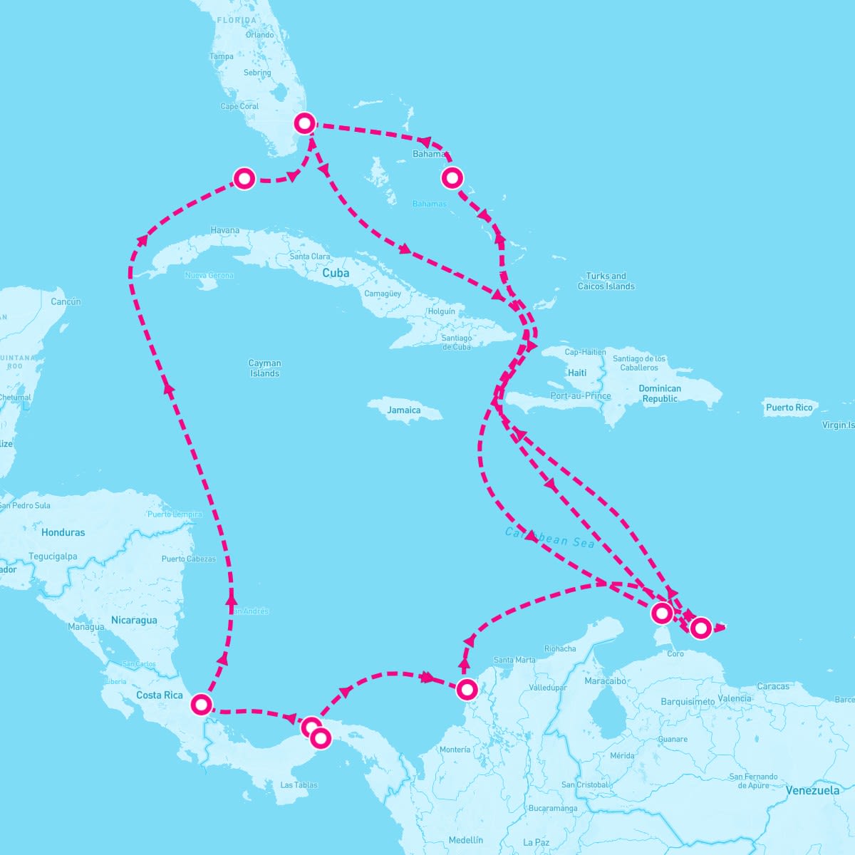 MS Rotterdam itinerary map for February 14, 2025 (21 nights)