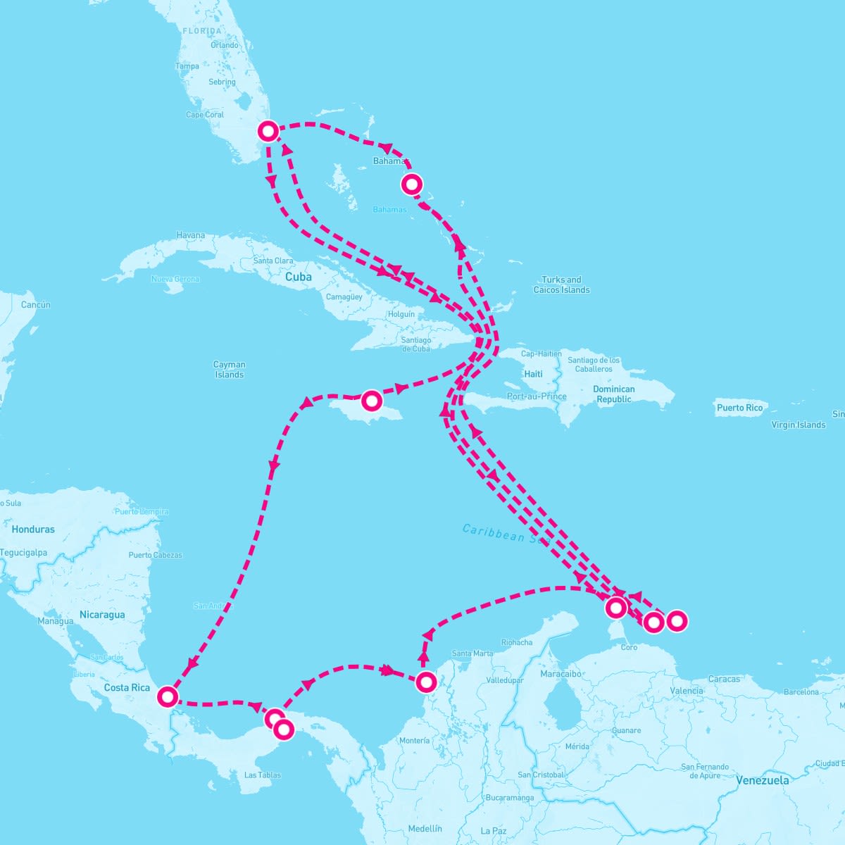 MS Rotterdam itinerary map for December 19, 2025 (21 nights)