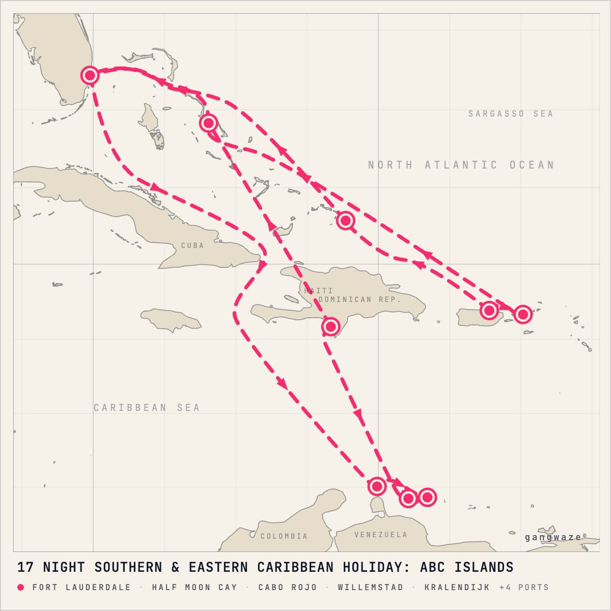MS Rotterdam itinerary map for December 29, 2027 (17 nights)